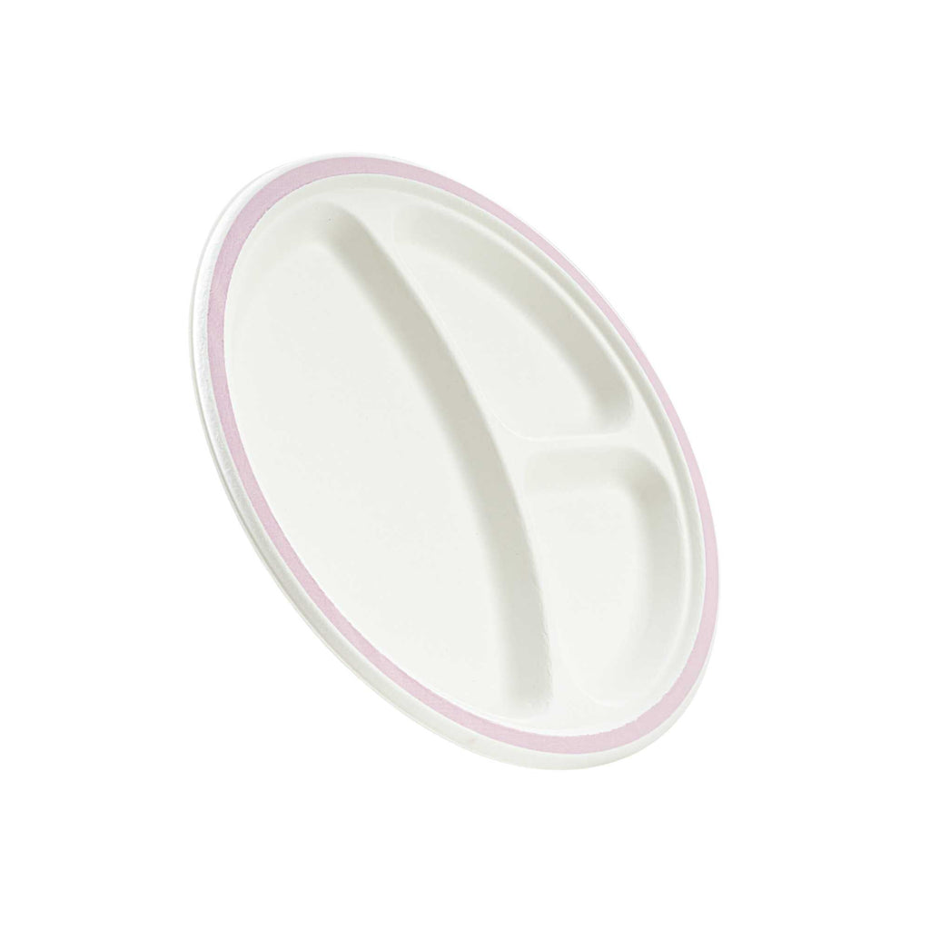 Pulp Safe No PFAS Added Round White Sugarcane/Bagasse Plate - 3 Compartments, Home Compostable, Pink Rim - 10 1/4" x 10 1/4" - 100 count box