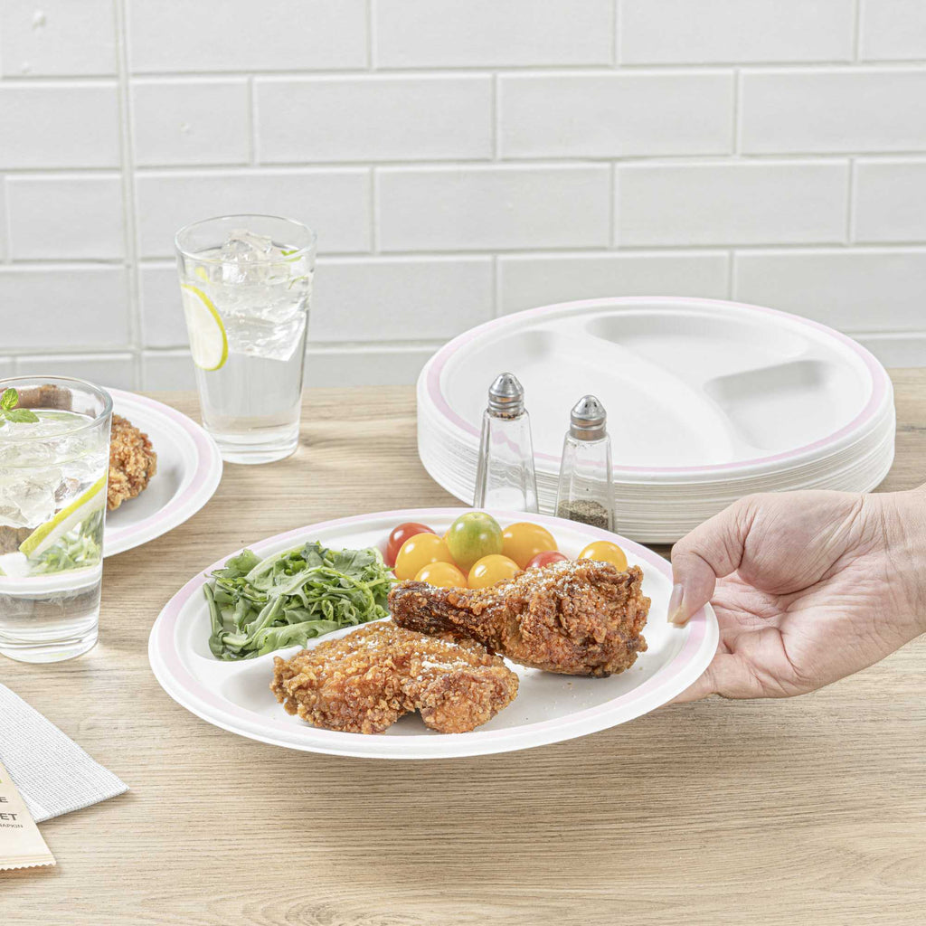 Pulp Safe No PFAS Added Round White Sugarcane/Bagasse Plate - 3 Compartments, Home Compostable, Pink Rim - 10 1/4" x 10 1/4" - 100 count box