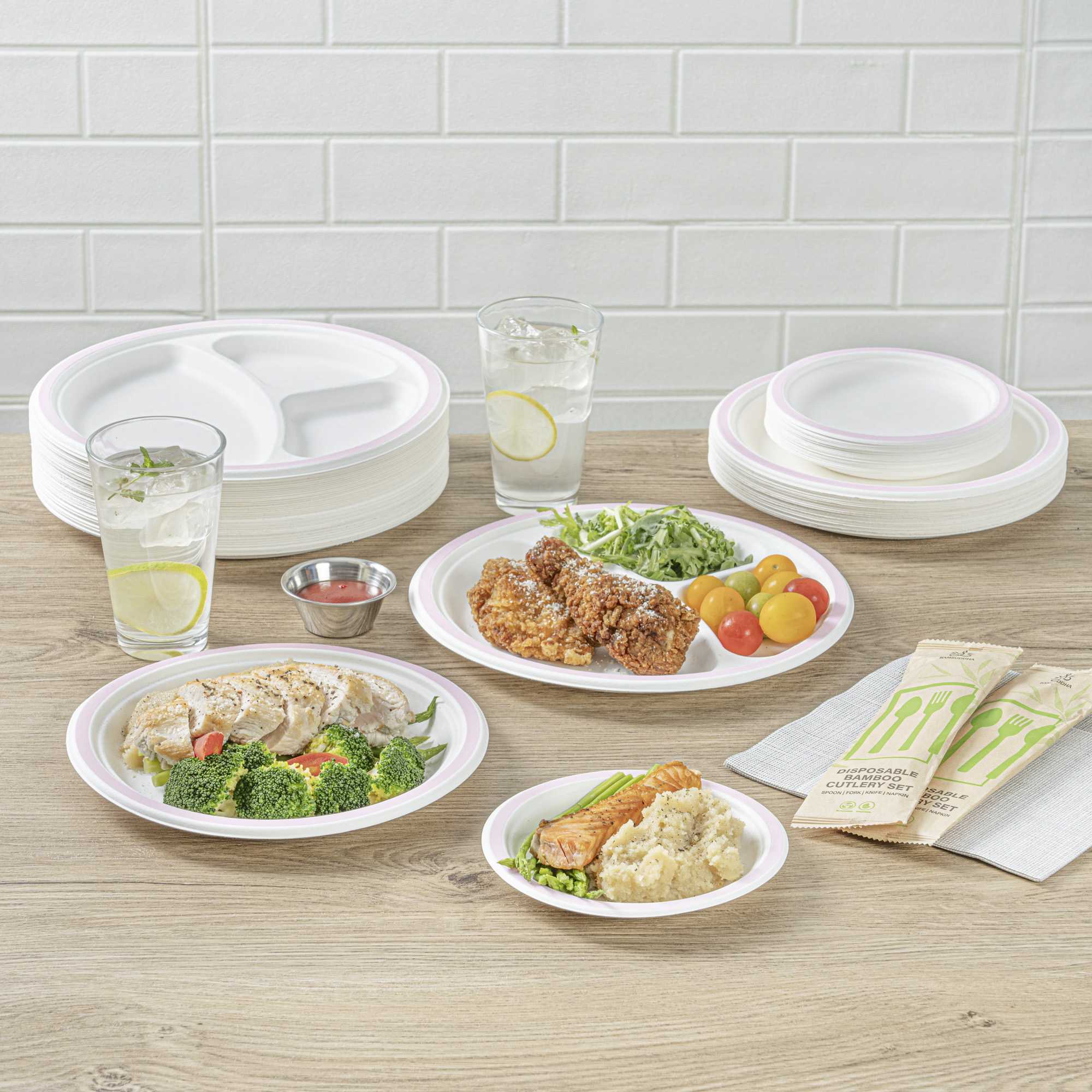 Pulp Safe No PFAS Added Round White Sugarcane/Bagasse Plate - 3 Compartments, Home Compostable, Pink Rim - 10 1/4" x 10 1/4" - 100 count box