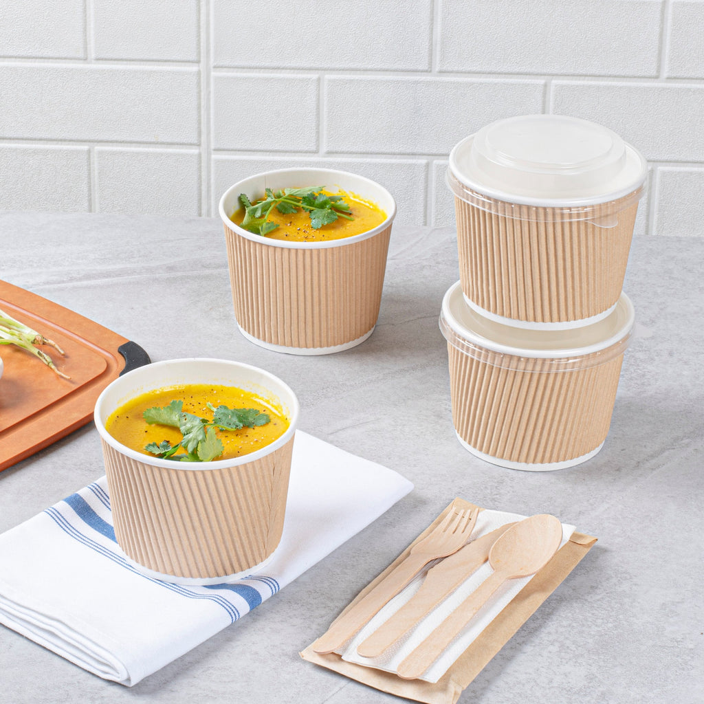 Bio Tek 18 oz Round Kraft PE Lined Paper Soup Container - Ripple Wall - 3 1/2" x 3 1/2" x 3 1/4" - 25 count box