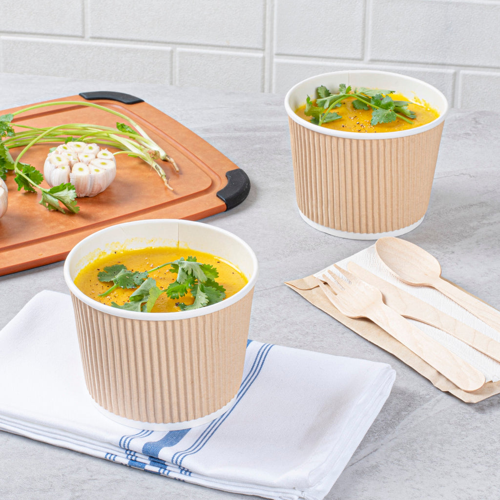 Bio Tek 18 oz Round Kraft PE Lined Paper Soup Container - Ripple Wall - 3 1/2" x 3 1/2" x 3 1/4" - 25 count box