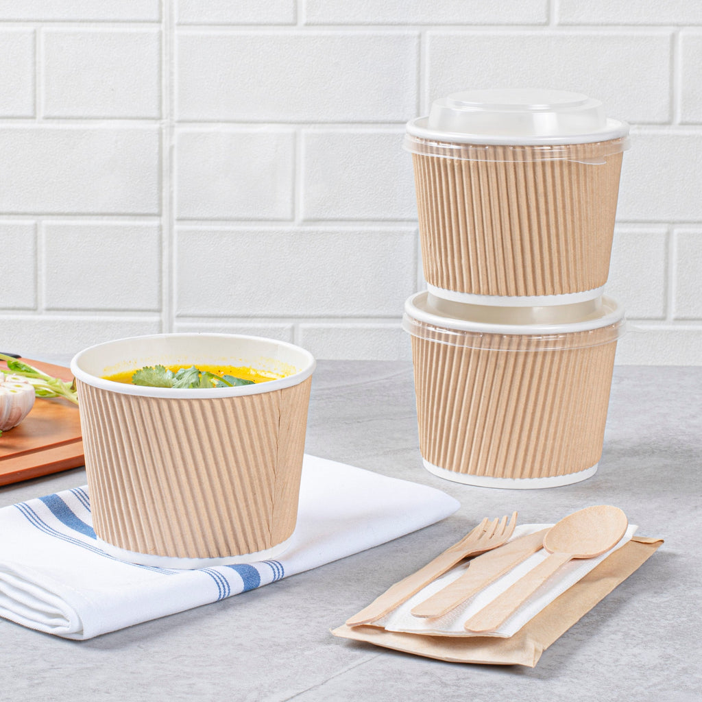 Bio Tek 18 oz Round Kraft PE Lined Paper Soup Container - Ripple Wall - 3 1/2" x 3 1/2" x 3 1/4" - 25 count box