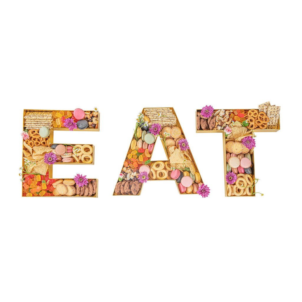 Chef 101 Gold Paper Charcuterie Fillable EAT Letter Trays - 12 1/2" x 12" x 4 3/4" - 1 count box