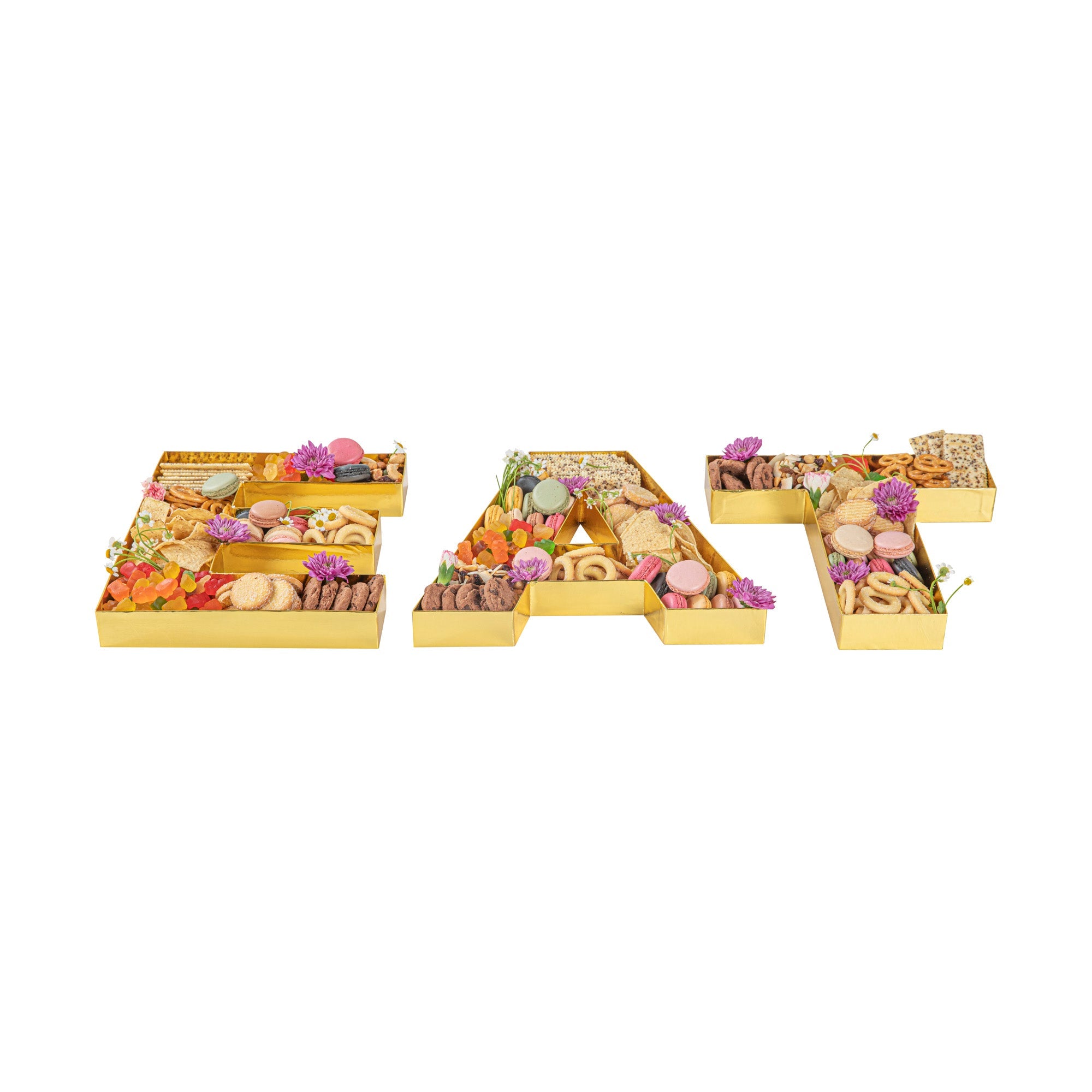 Chef 101 Gold Paper Charcuterie Fillable EAT Letter Trays - 12 1/2" x 12" x 4 3/4" - 1 count box