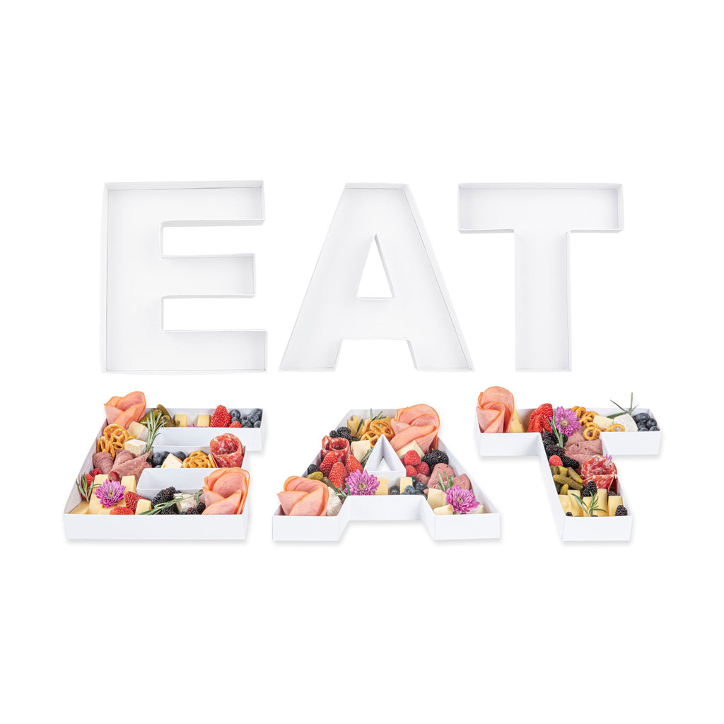 Chef 101 White Paper Charcuterie Fillable EAT Letter Trays - 12 1/2" x 12" x 4 3/4" - 1 count box
