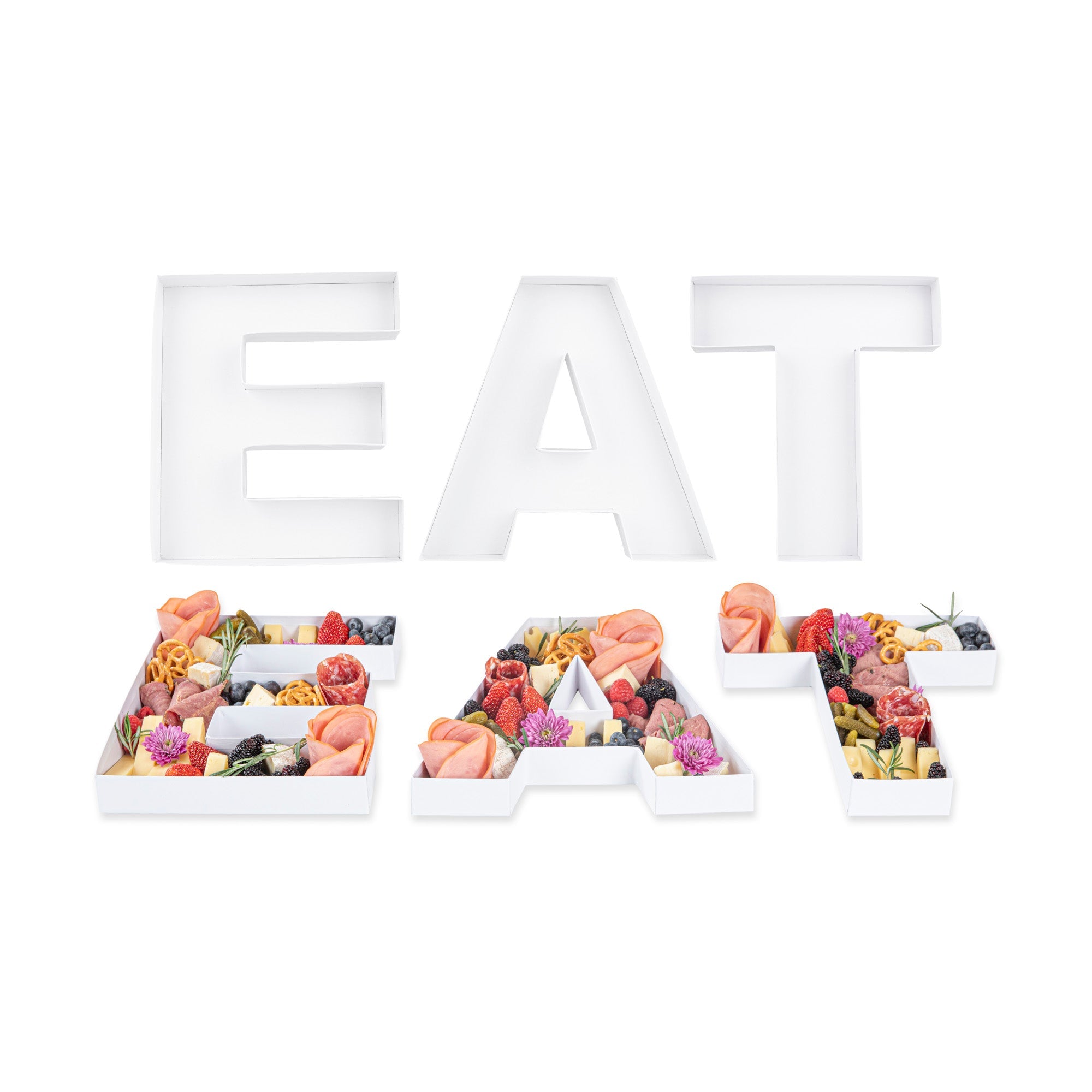 Chef 101 White Paper Charcuterie Fillable EAT Letter Trays - 12 1/2" x 12" x 4 3/4" - 1 count box