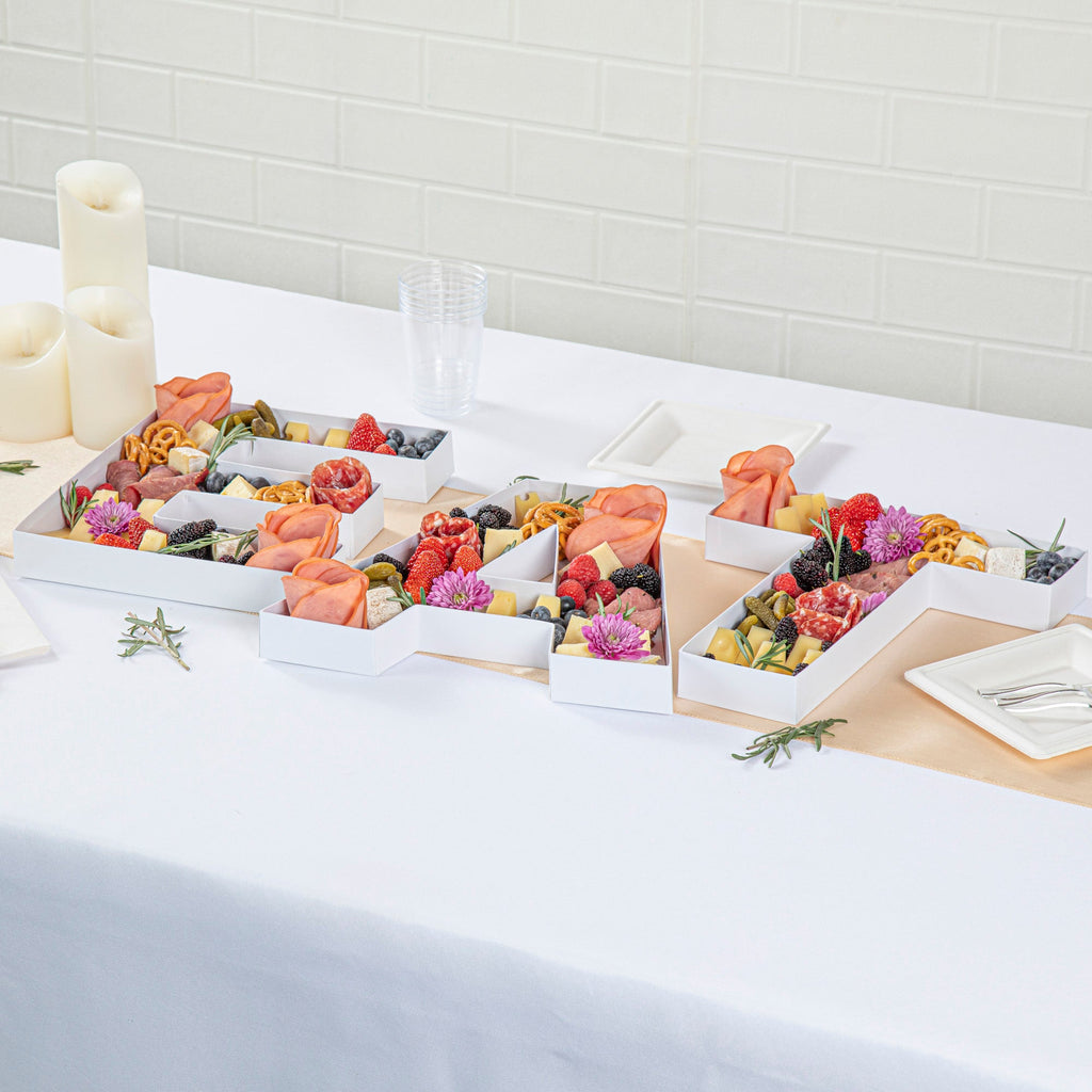 Chef 101 White Paper Charcuterie Fillable EAT Letter Trays - 12 1/2" x 12" x 4 3/4" - 1 count box