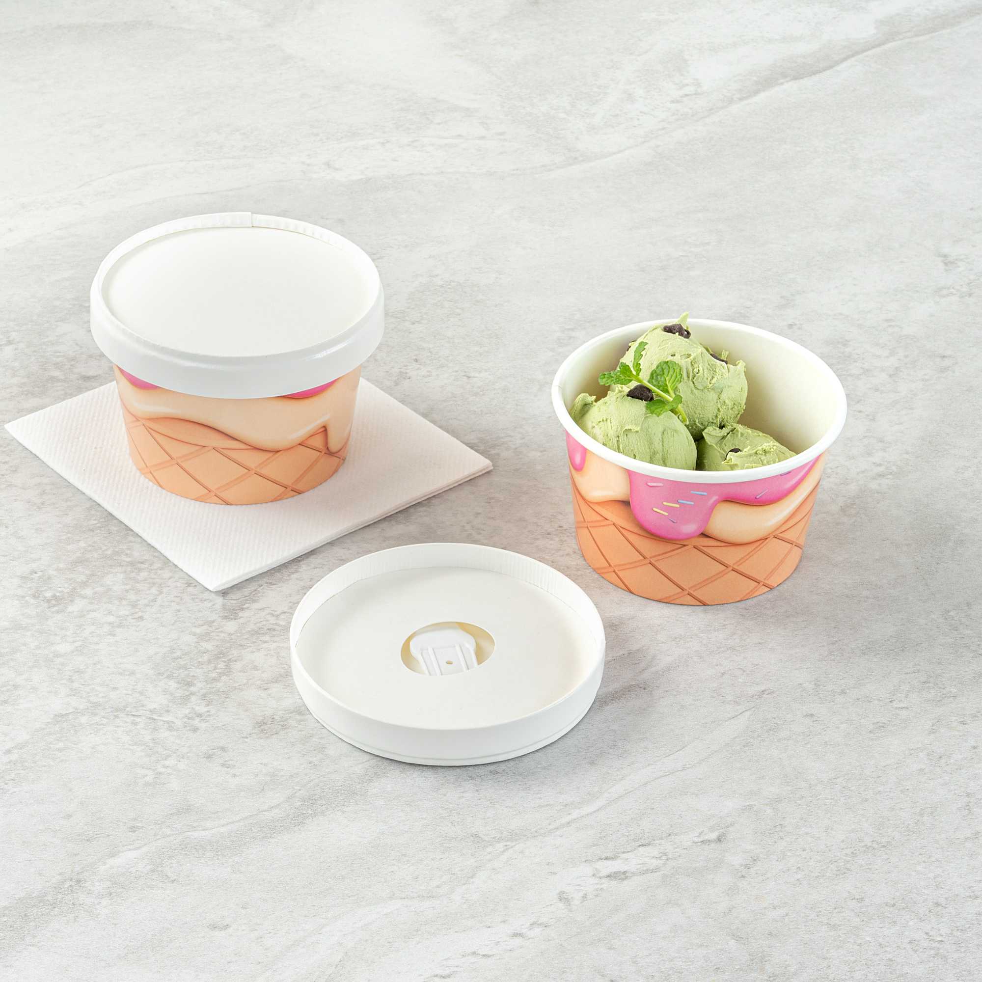 Coppetta Round White Paper Lid - Fits 8 oz To Go Cup, with Spoon - 3 3/4" x 3 3/4" x 3/4" - 50 count box