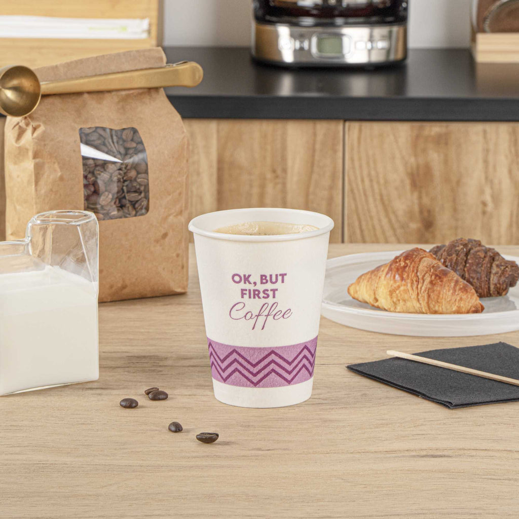 Restpresso 12 oz Pink Paper Insulated Hot Cup - Ok, But First Coffee - 25 count box