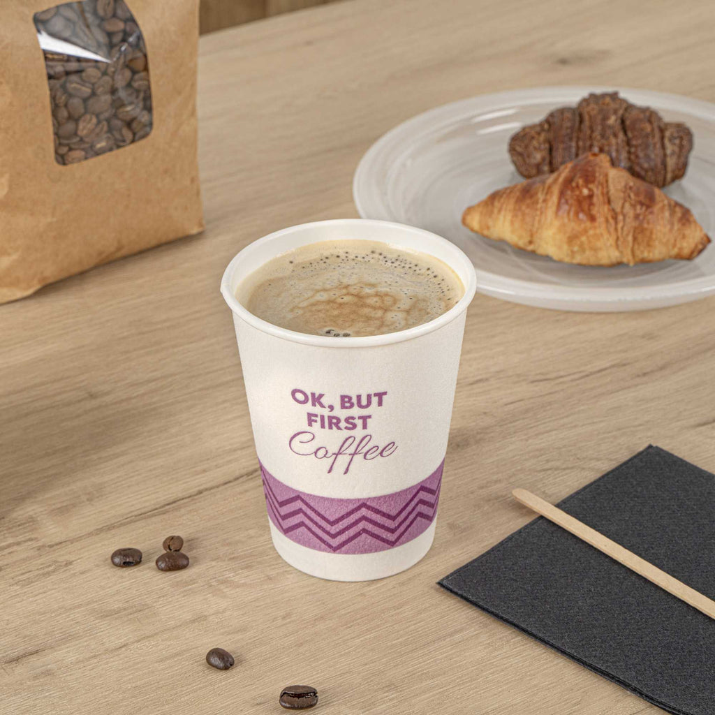 Restpresso 12 oz Pink Paper Insulated Hot Cup - Ok, But First Coffee - 25 count box