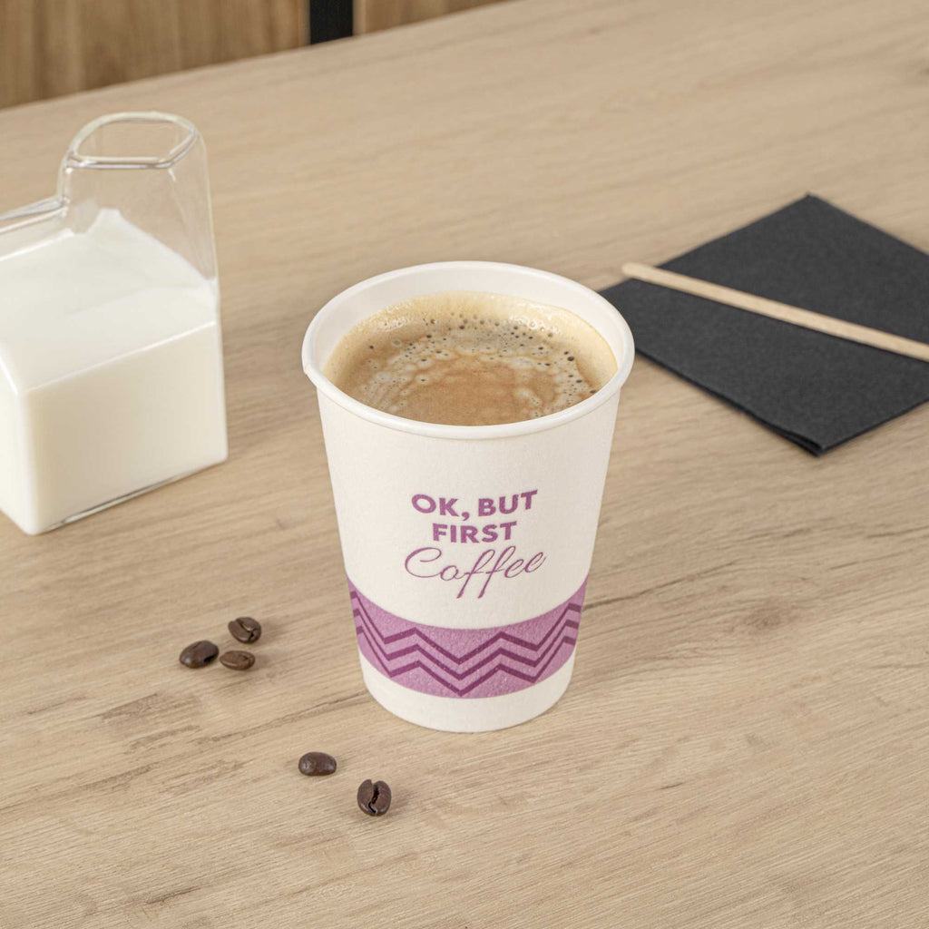 Restpresso 12 oz Pink Paper Insulated Hot Cup - Ok, But First Coffee - 25 count box