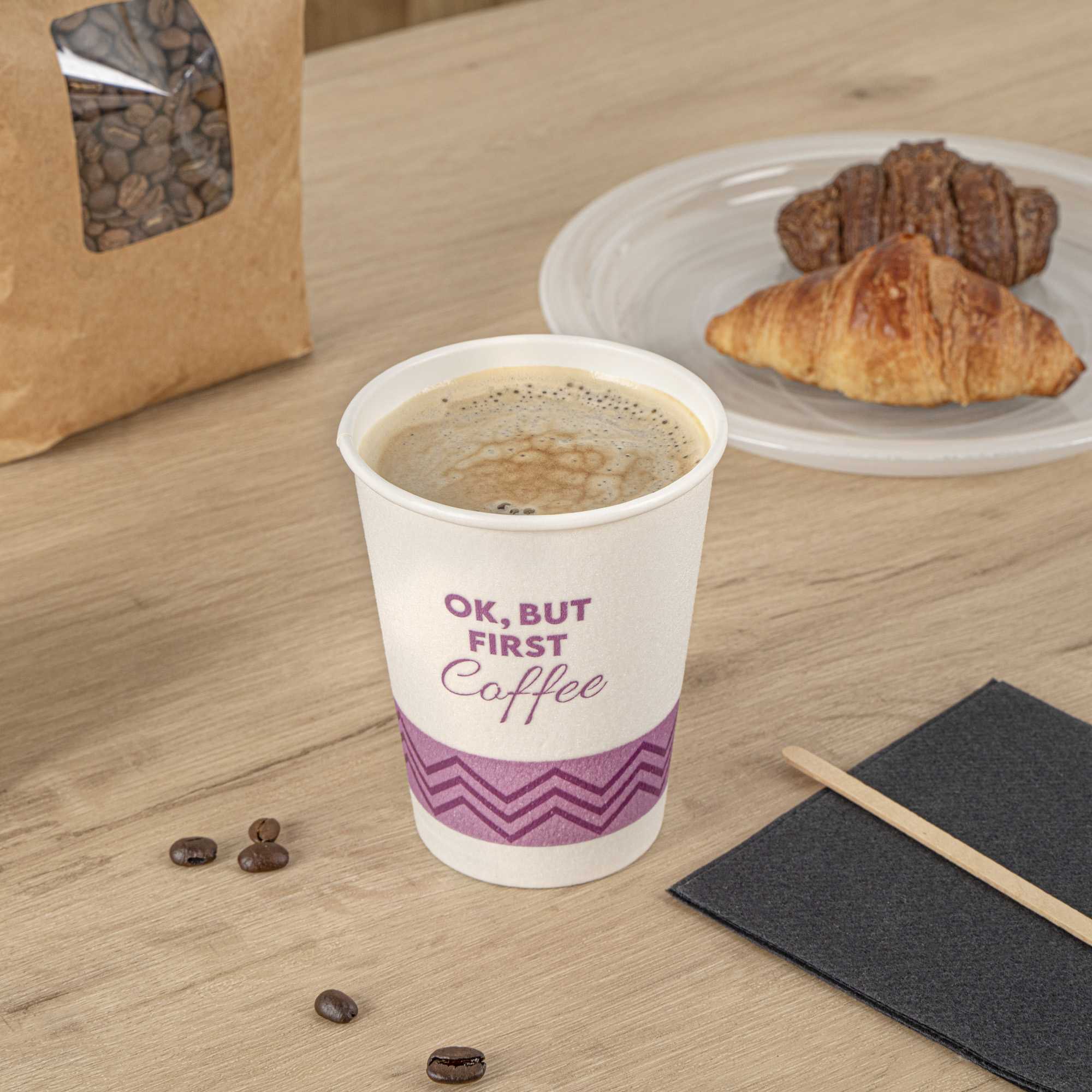 Restpresso 12 oz Pink Paper Insulated Hot Cup - Ok, But First Coffee - 500 count box