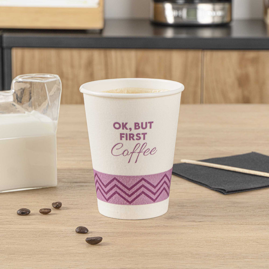 Restpresso 12 oz Pink Paper Insulated Hot Cup - Ok, But First Coffee - 500 count box