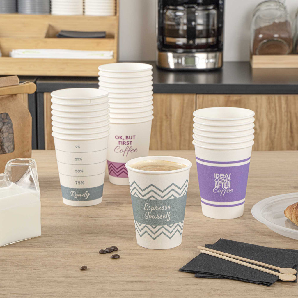 Restpresso 12 oz Assorted Paper Insulated Hot Cup Set - Coffee Quotes - 500 count box