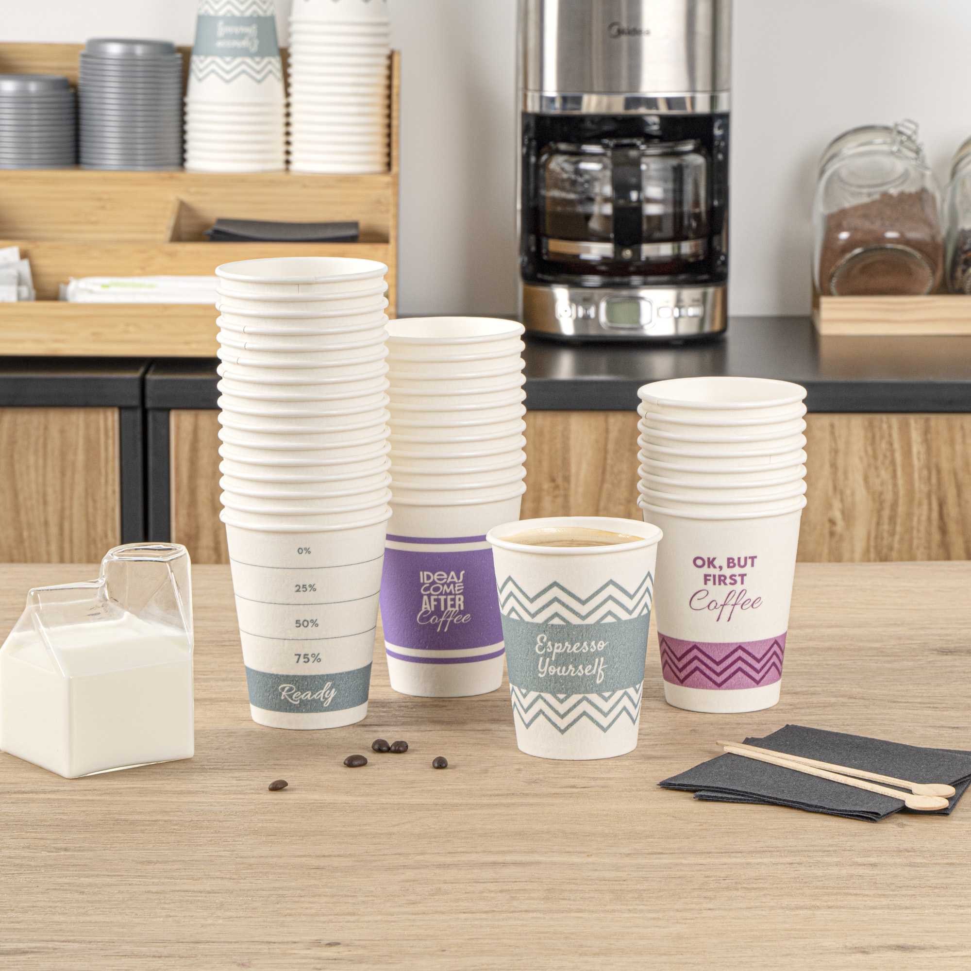 Restpresso 12 oz Assorted Paper Insulated Hot Cup Set - Coffee Quotes - 500 count box