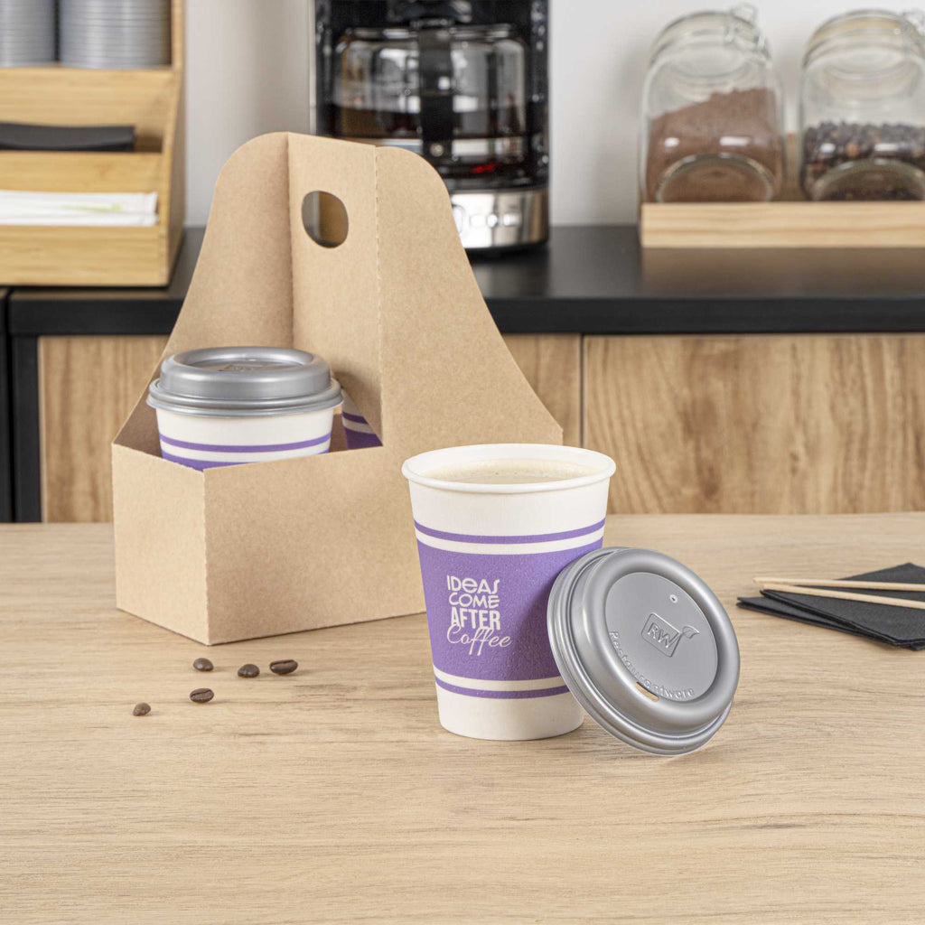 Restpresso 12 oz Purple Paper Insulated Hot Cup - Ideas Come After Coffee, with Gray Lid - 100 count box
