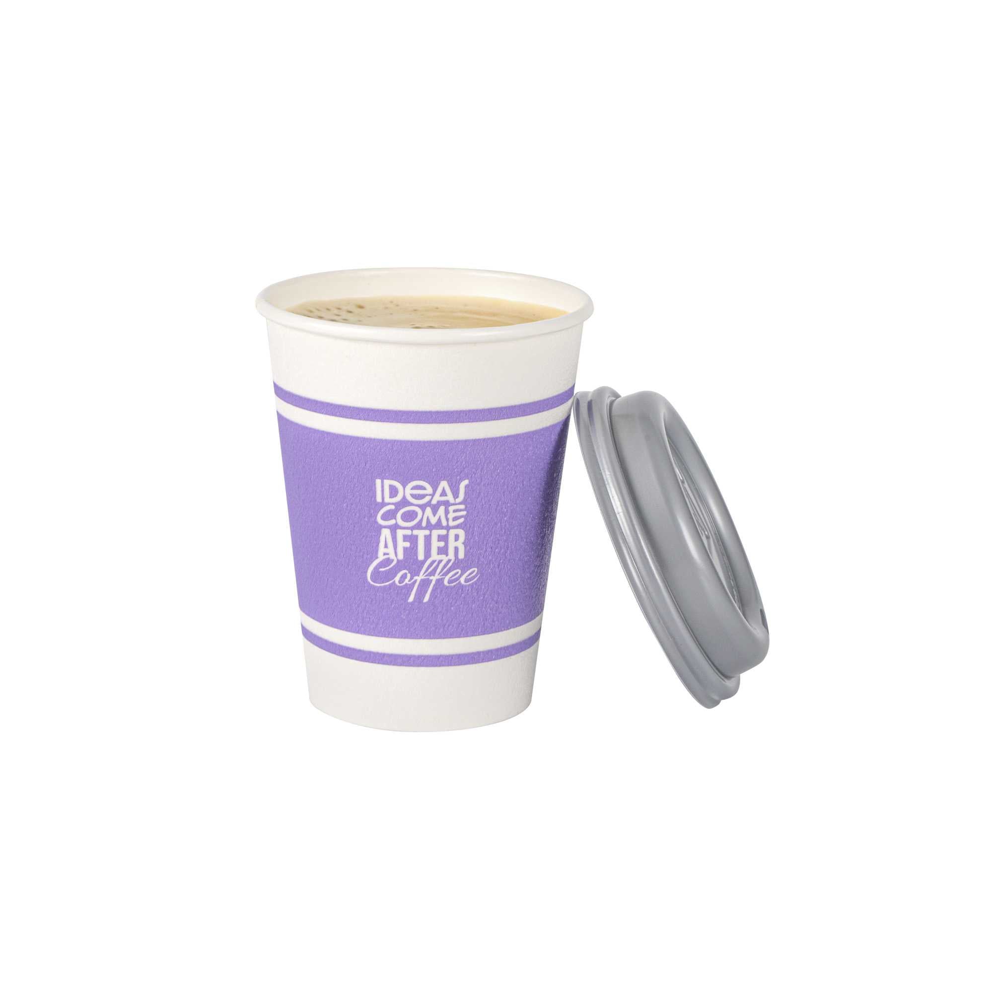 Restpresso 12 oz Purple Paper Insulated Hot Cup - Ideas Come After Coffee, with Gray Lid - 100 count box