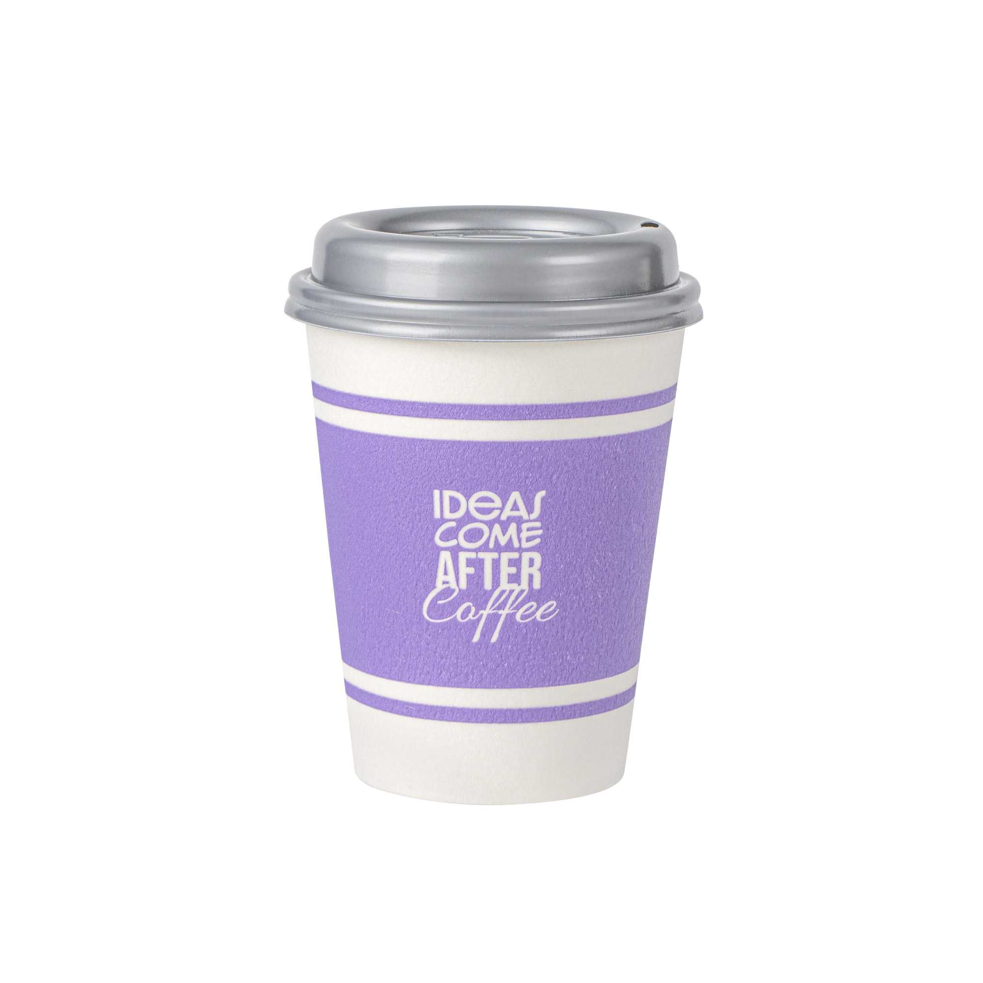 Restpresso 12 oz Purple Paper Insulated Hot Cup - Ideas Come After Coffee, with Gray Lid - 100 count box
