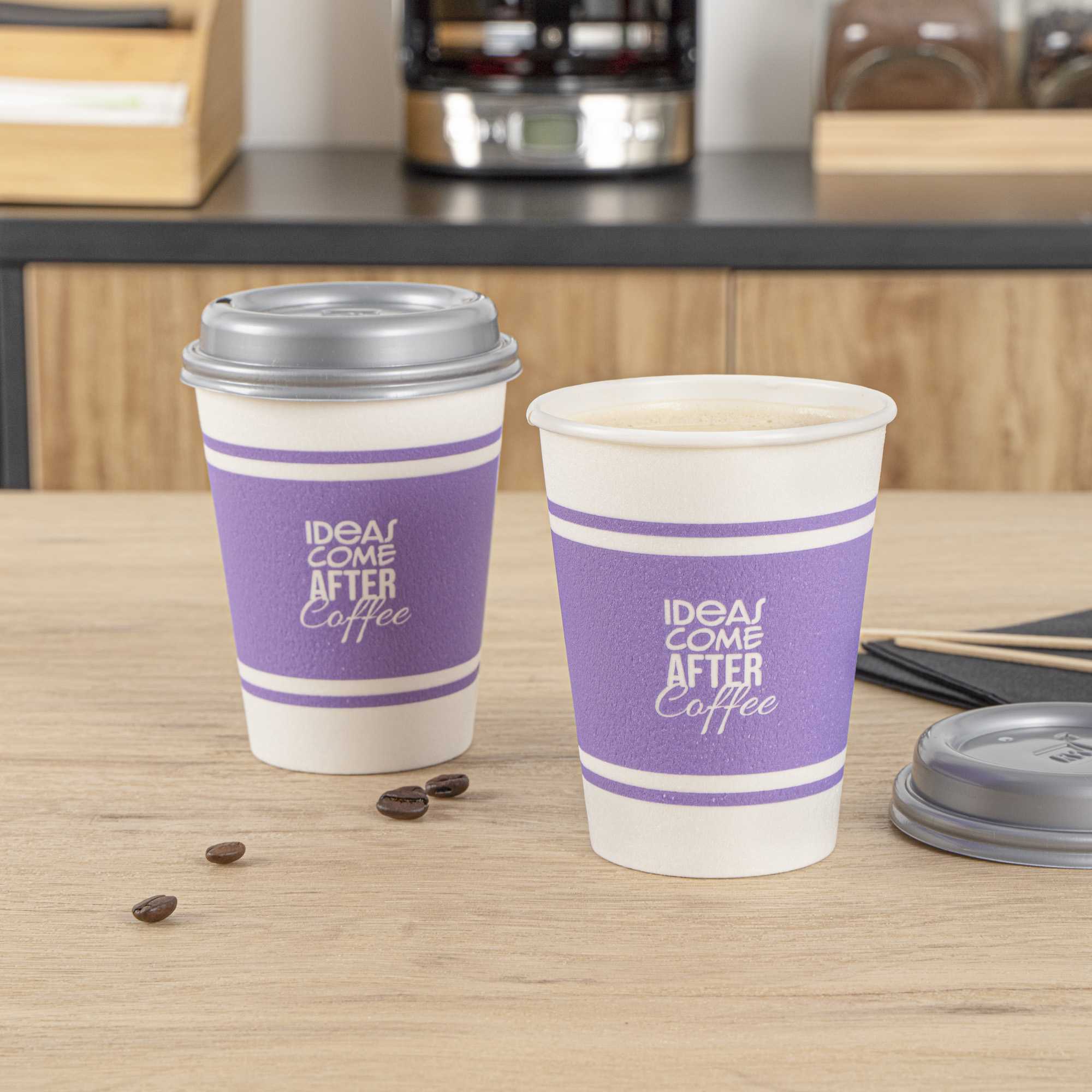 Restpresso 12 oz Purple Paper Insulated Hot Cup - Ideas Come After Coffee, with Gray Lid - 100 count box