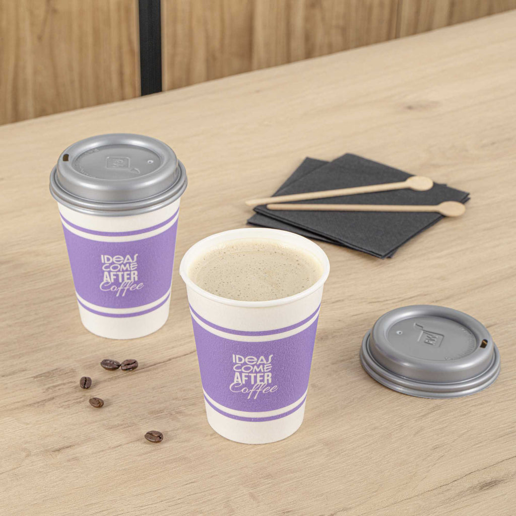 Restpresso 12 oz Purple Paper Insulated Hot Cup - Ideas Come After Coffee, with Gray Lid - 100 count box
