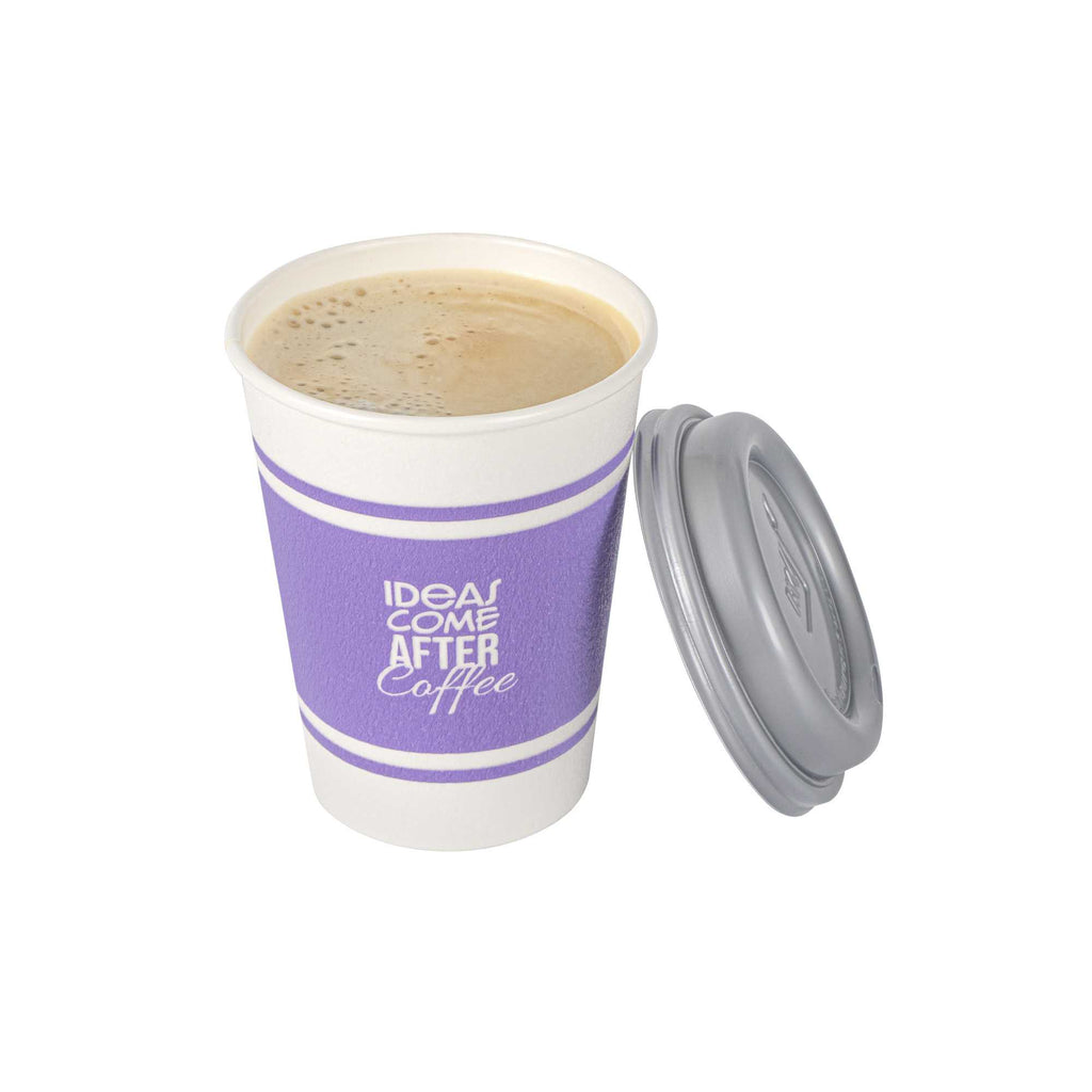 Restpresso 12 oz Purple Paper Insulated Hot Cup - Ideas Come After Coffee, with Gray Lid - 400 count box