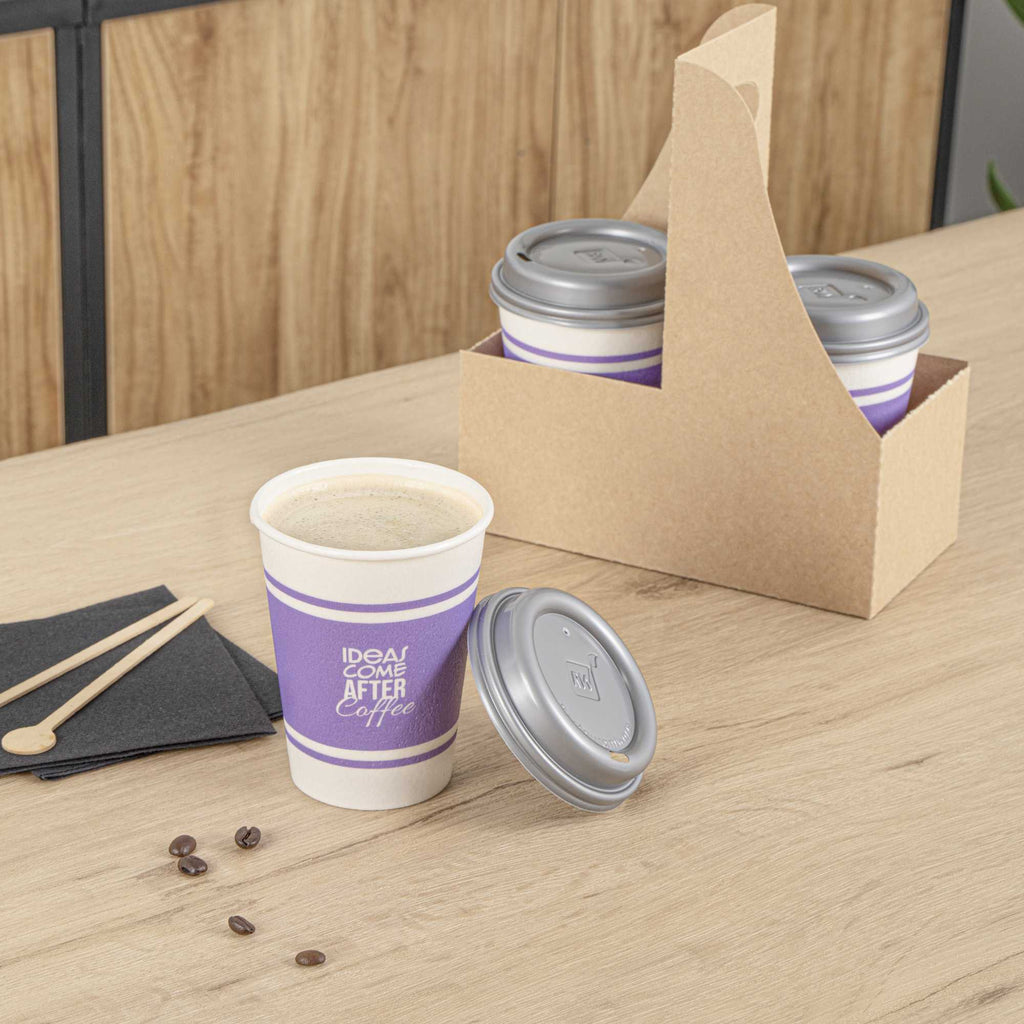 Restpresso 12 oz Purple Paper Insulated Hot Cup - Ideas Come After Coffee, with Gray Lid - 400 count box