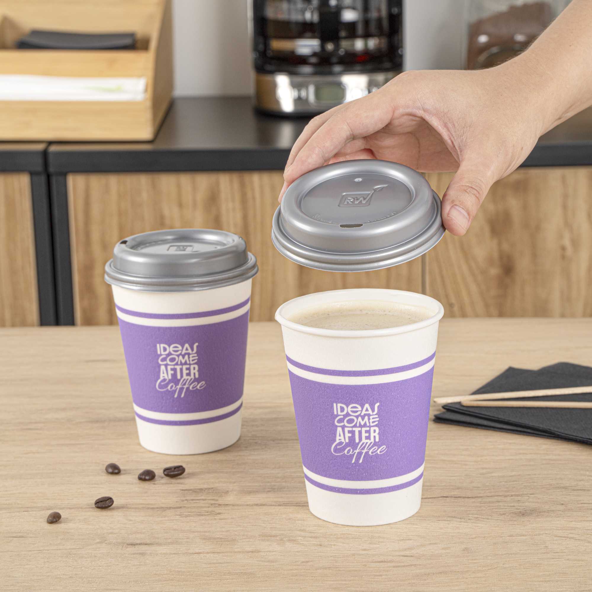 Restpresso 12 oz Purple Paper Insulated Hot Cup - Ideas Come After Coffee, with Gray Lid - 400 count box