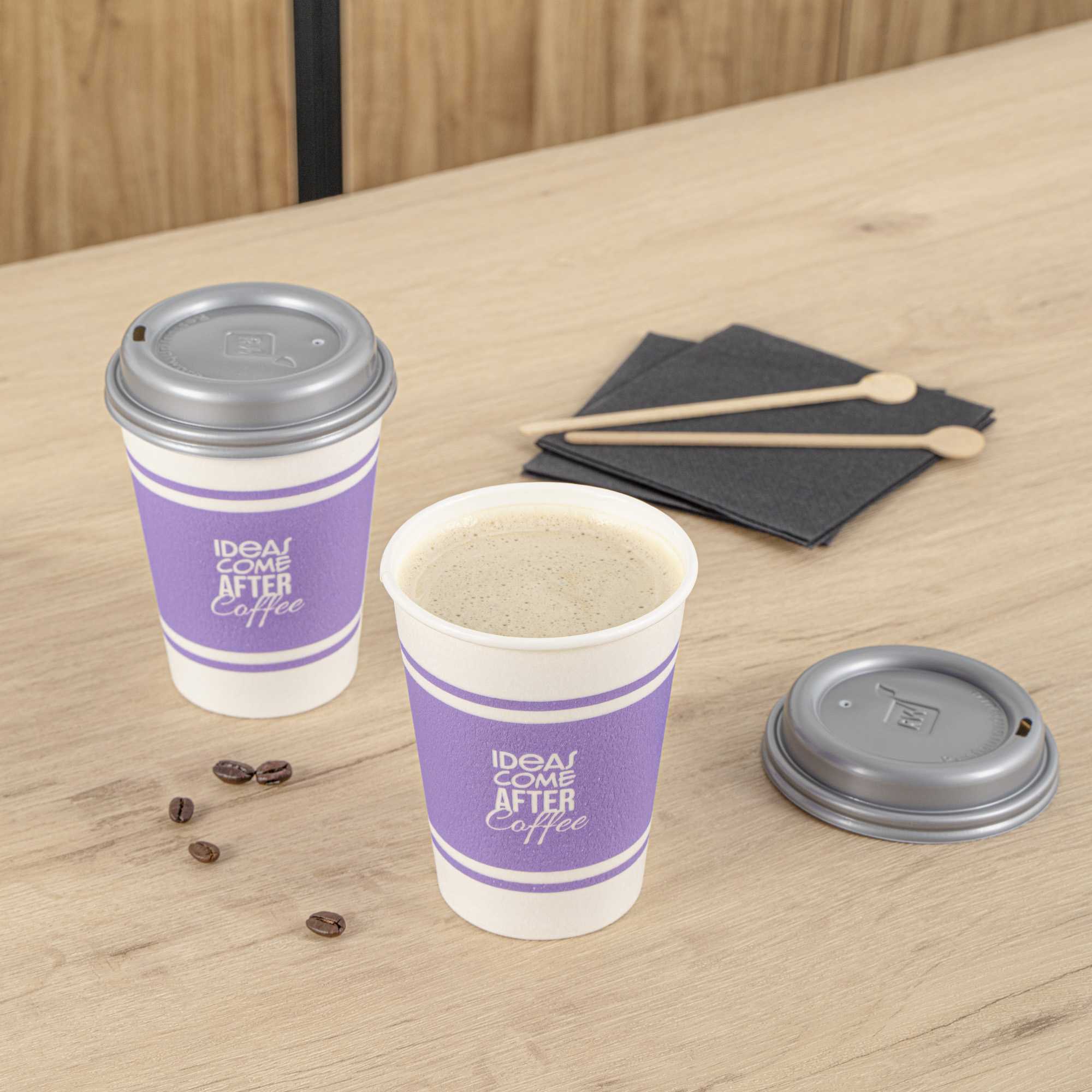 Restpresso 12 oz Purple Paper Insulated Hot Cup - Ideas Come After Coffee, with Gray Lid - 400 count box