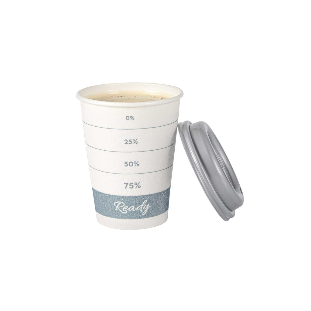 Restpresso 12 oz Green Paper Insulated Hot Cup - Readiness Meter, with Gray Lid - 100 count box
