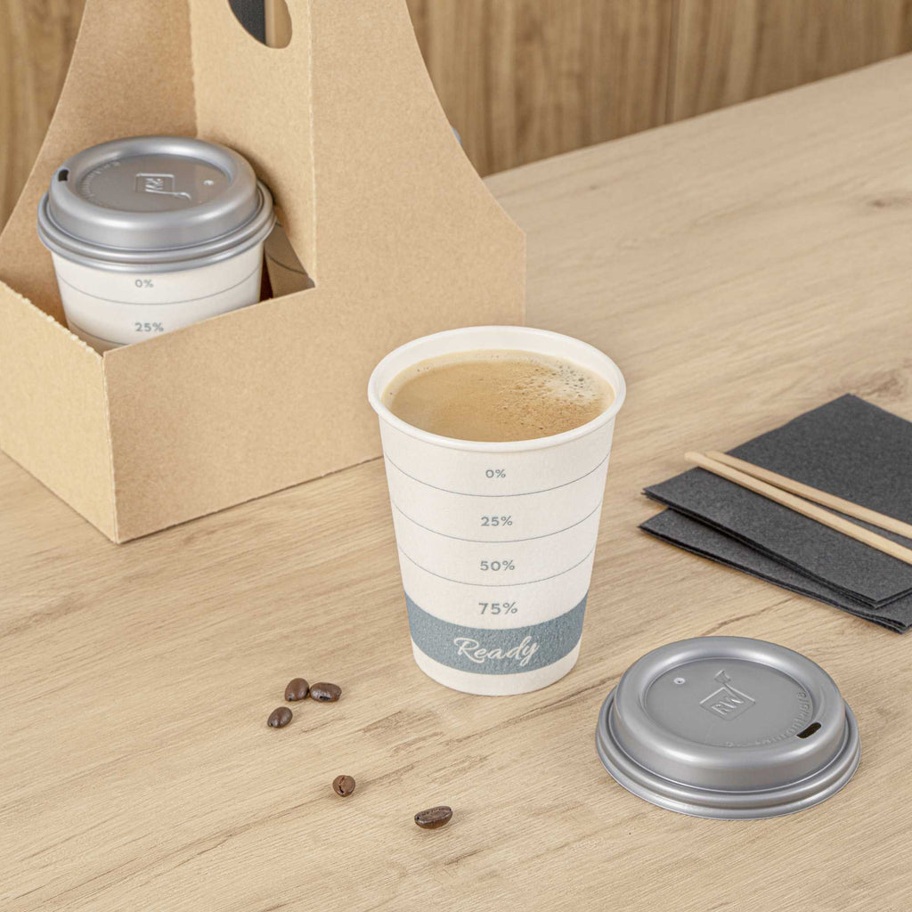 Restpresso 12 oz Green Paper Insulated Hot Cup - Readiness Meter, with Gray Lid - 100 count box