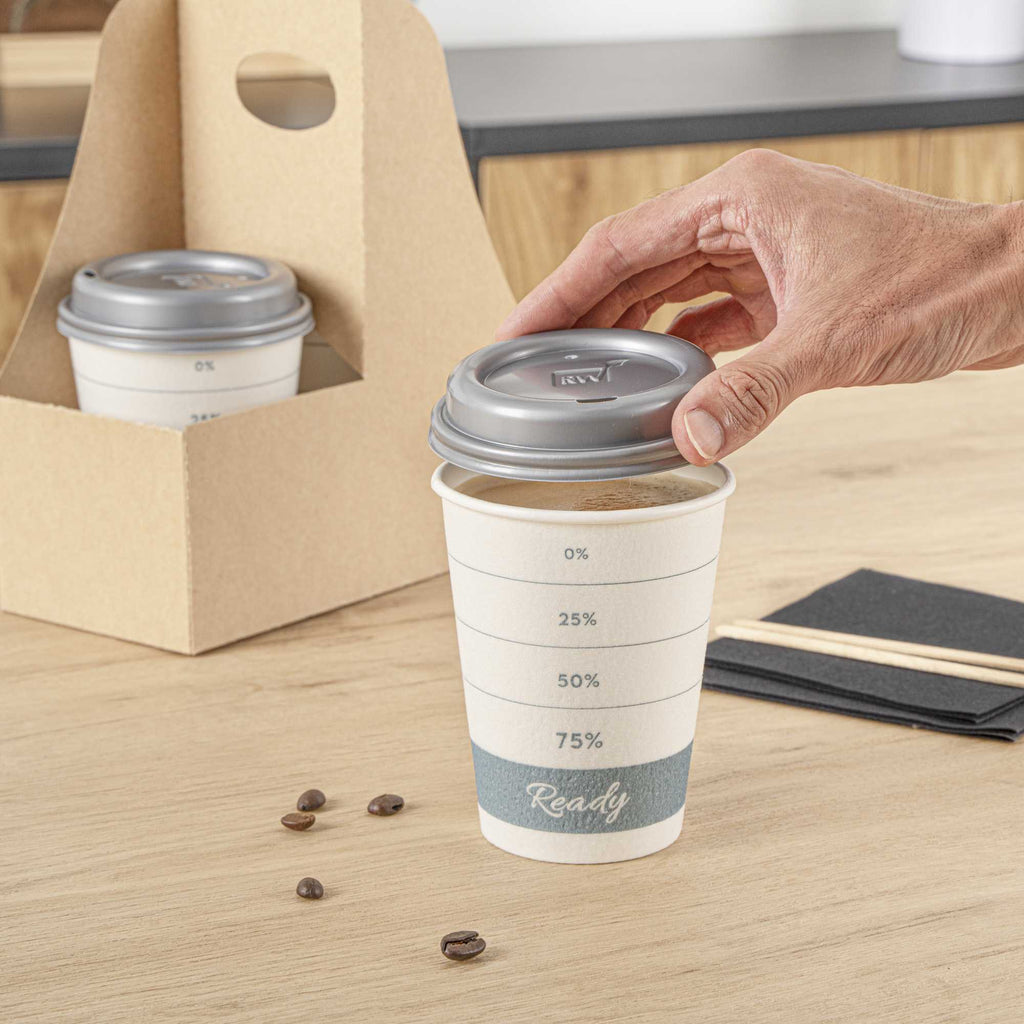 Restpresso 12 oz Green Paper Insulated Hot Cup - Readiness Meter, with Gray Lid - 100 count box