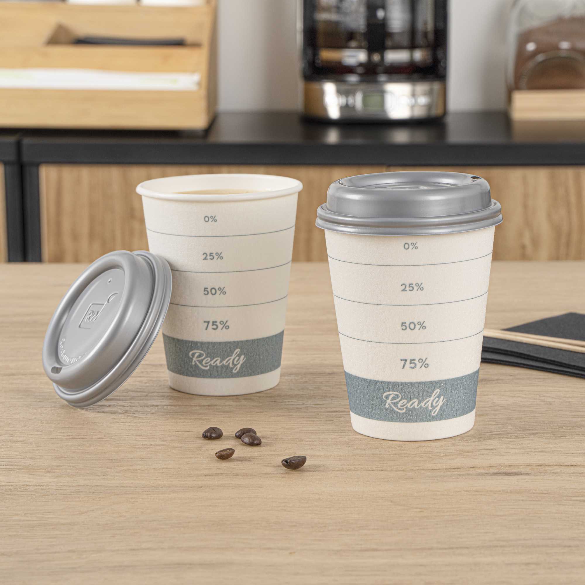 Restpresso 12 oz Green Paper Insulated Hot Cup - Readiness Meter, with Gray Lid - 100 count box