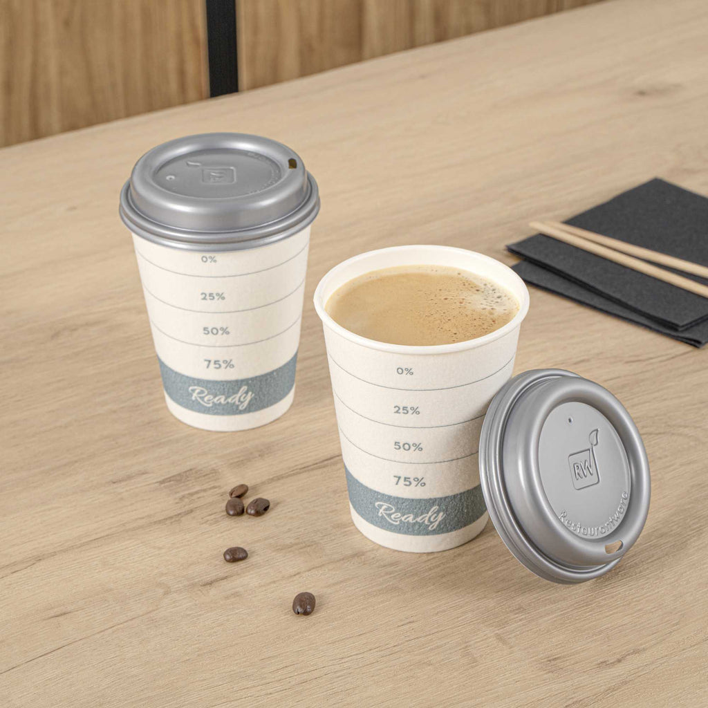 Restpresso 12 oz Green Paper Insulated Hot Cup - Readiness Meter, with Gray Lid - 100 count box
