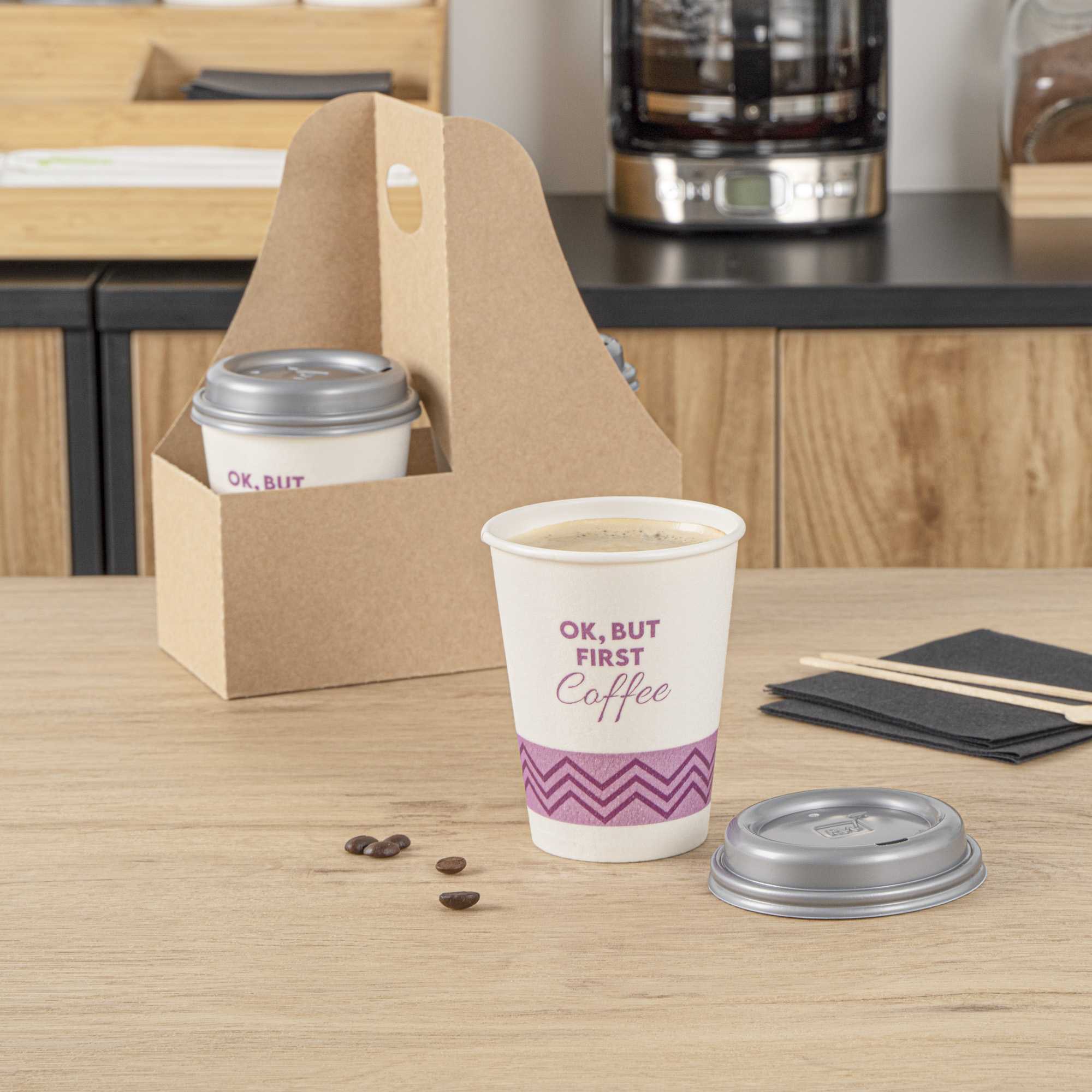 Restpresso 12 oz Pink Paper Insulated Hot Cup - Ok, But First Coffee, with Gray Lid - 100 count box