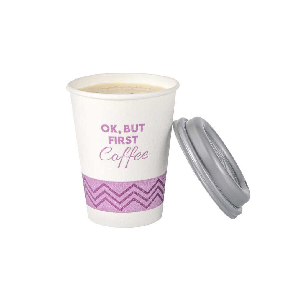 Restpresso 12 oz Pink Paper Insulated Hot Cup - Ok, But First Coffee, with Gray Lid - 100 count box