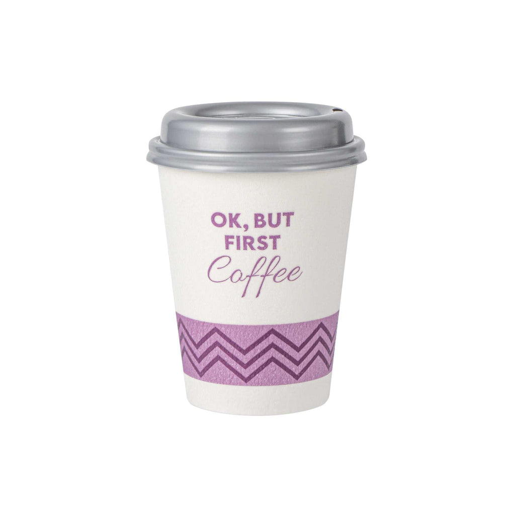 Restpresso 12 oz Pink Paper Insulated Hot Cup - Ok, But First Coffee, with Gray Lid - 100 count box