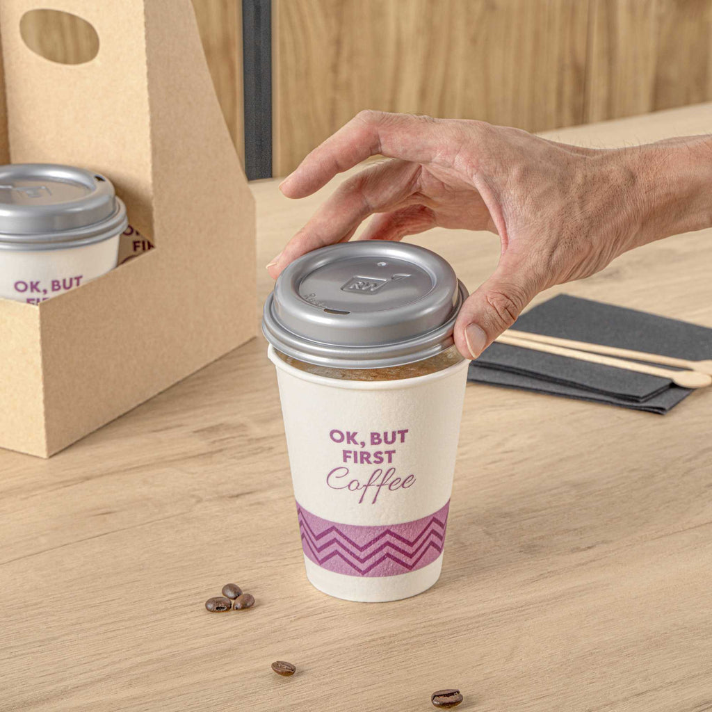 Restpresso 12 oz Pink Paper Insulated Hot Cup - Ok, But First Coffee, with Gray Lid - 100 count box