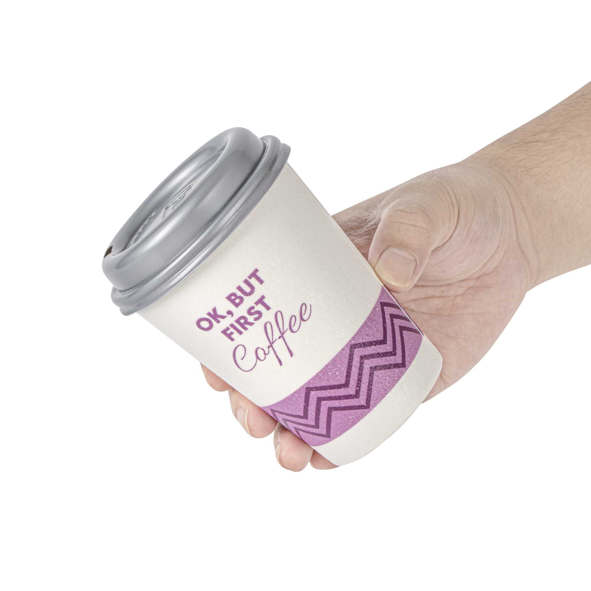 Restpresso 12 oz Pink Paper Insulated Hot Cup - Ok, But First Coffee, with Gray Lid - 400 count box