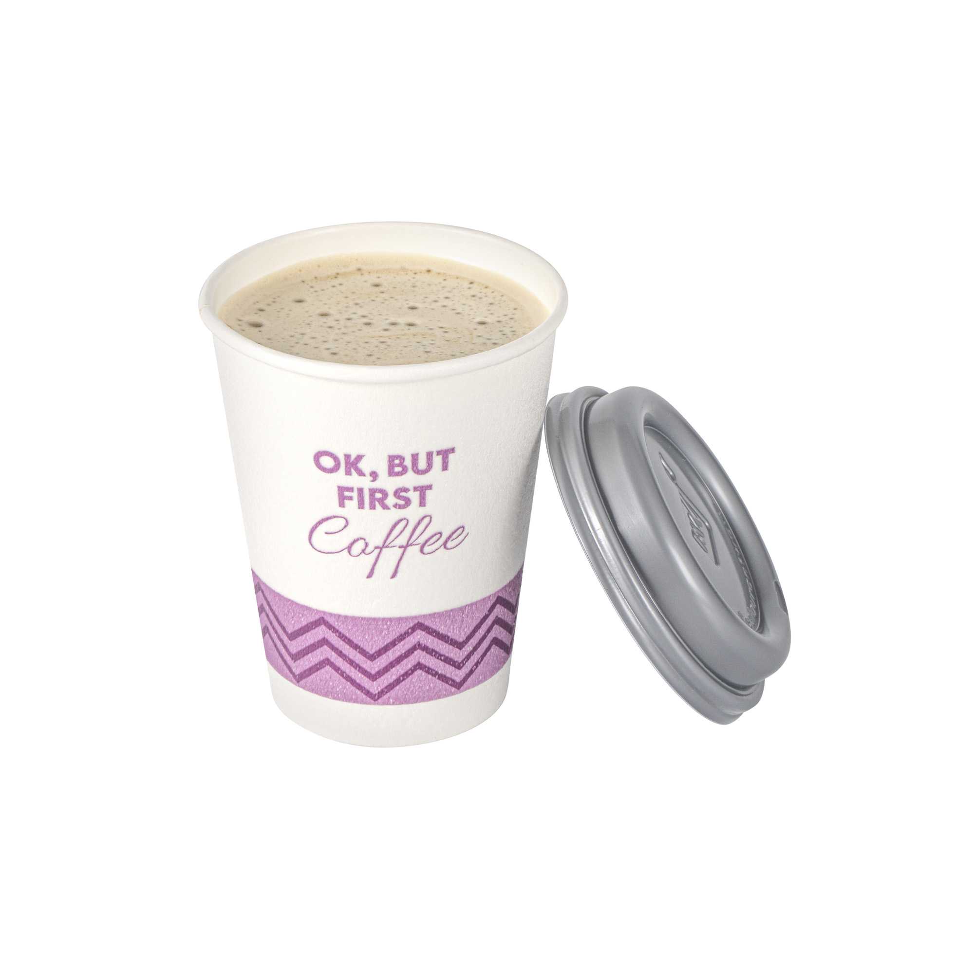 Restpresso 12 oz Pink Paper Insulated Hot Cup - Ok, But First Coffee, with Gray Lid - 400 count box