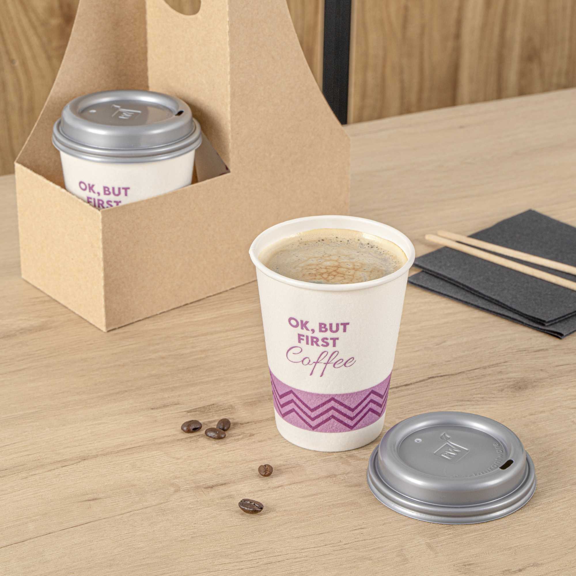 Restpresso 12 oz Pink Paper Insulated Hot Cup - Ok, But First Coffee, with Gray Lid - 400 count box