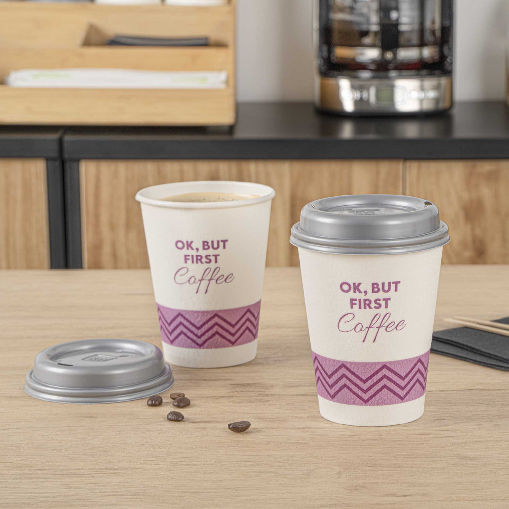 Restpresso 12 oz Pink Paper Insulated Hot Cup - Ok, But First Coffee, with Gray Lid - 400 count box