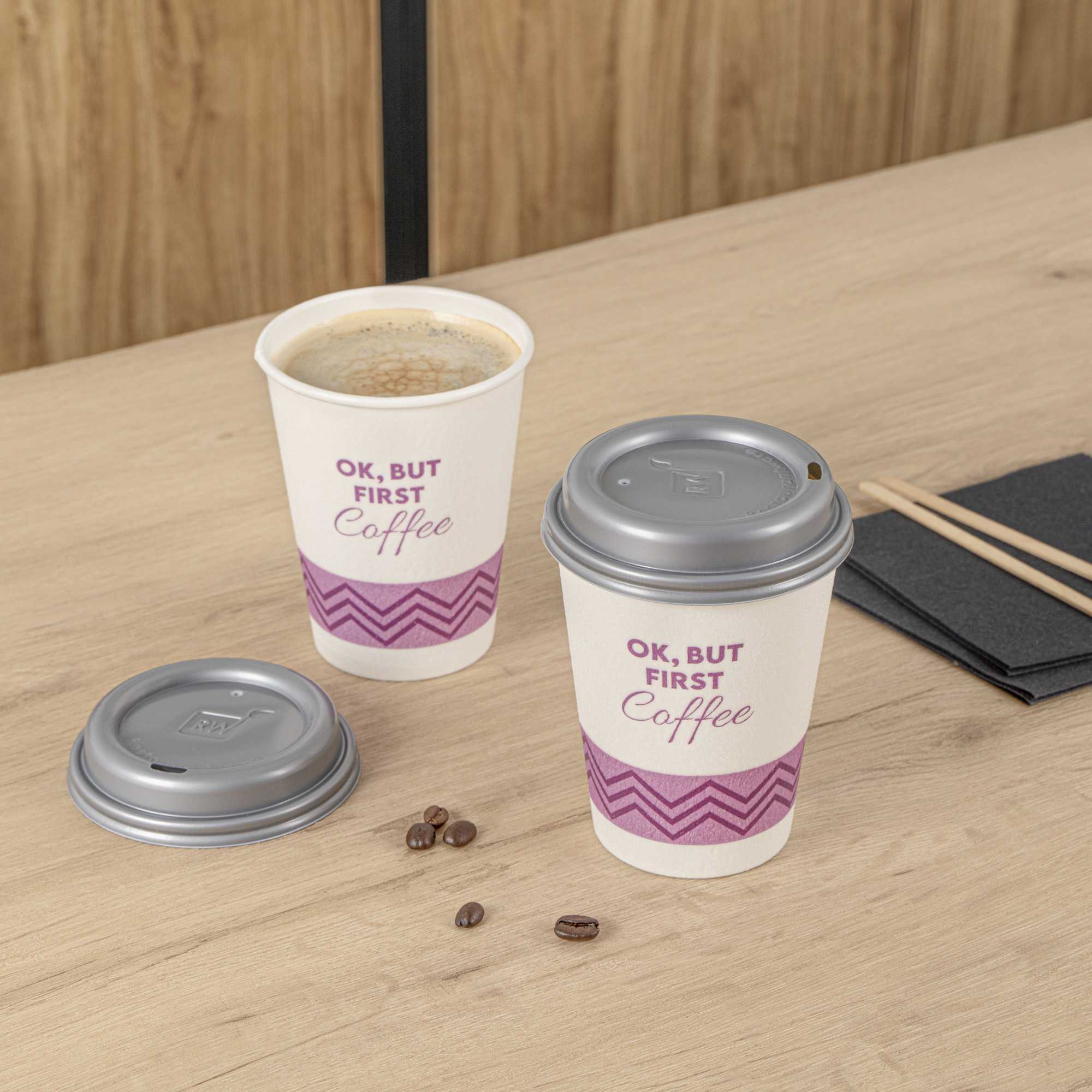 Restpresso 12 oz Pink Paper Insulated Hot Cup - Ok, But First Coffee, with Gray Lid - 400 count box