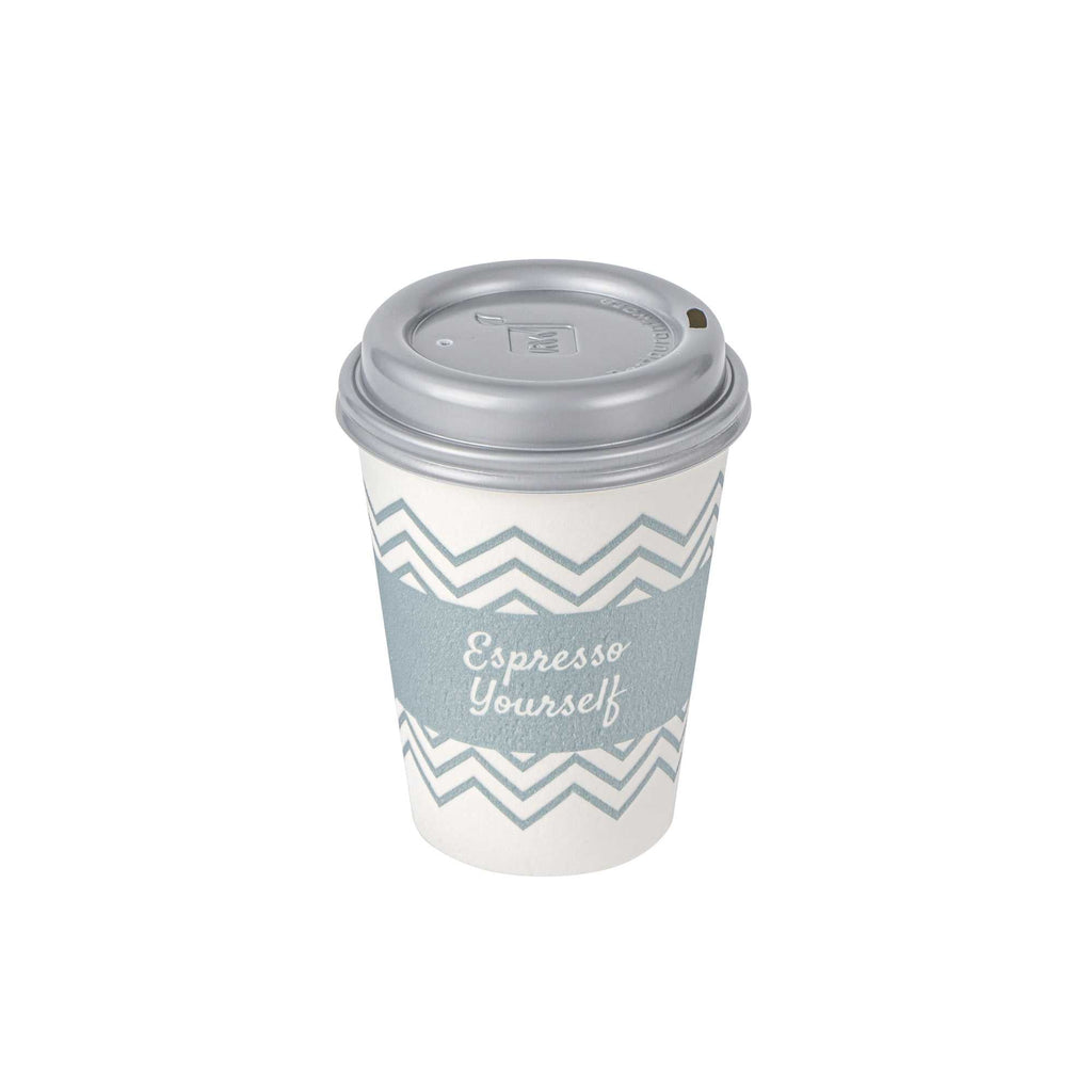 Restpresso 12 oz Blue Paper Insulated Hot Cup - Espresso Yourself, with Gray Lid - 400 count box