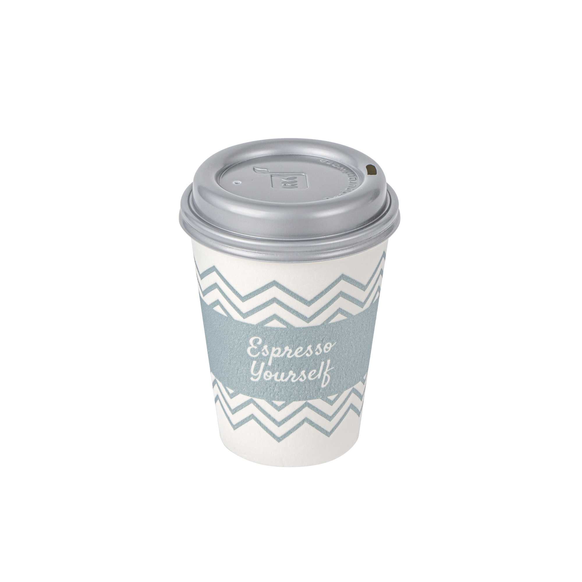 Restpresso 12 oz Blue Paper Insulated Hot Cup - Espresso Yourself, with Gray Lid - 100 count box
