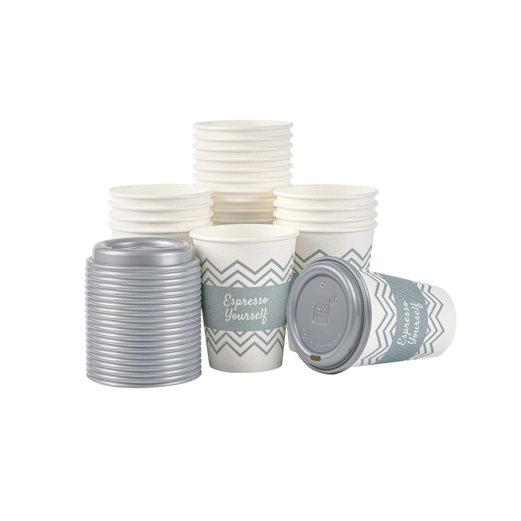 Restpresso 12 oz Blue Paper Insulated Hot Cup - Espresso Yourself, with Gray Lid - 100 count box
