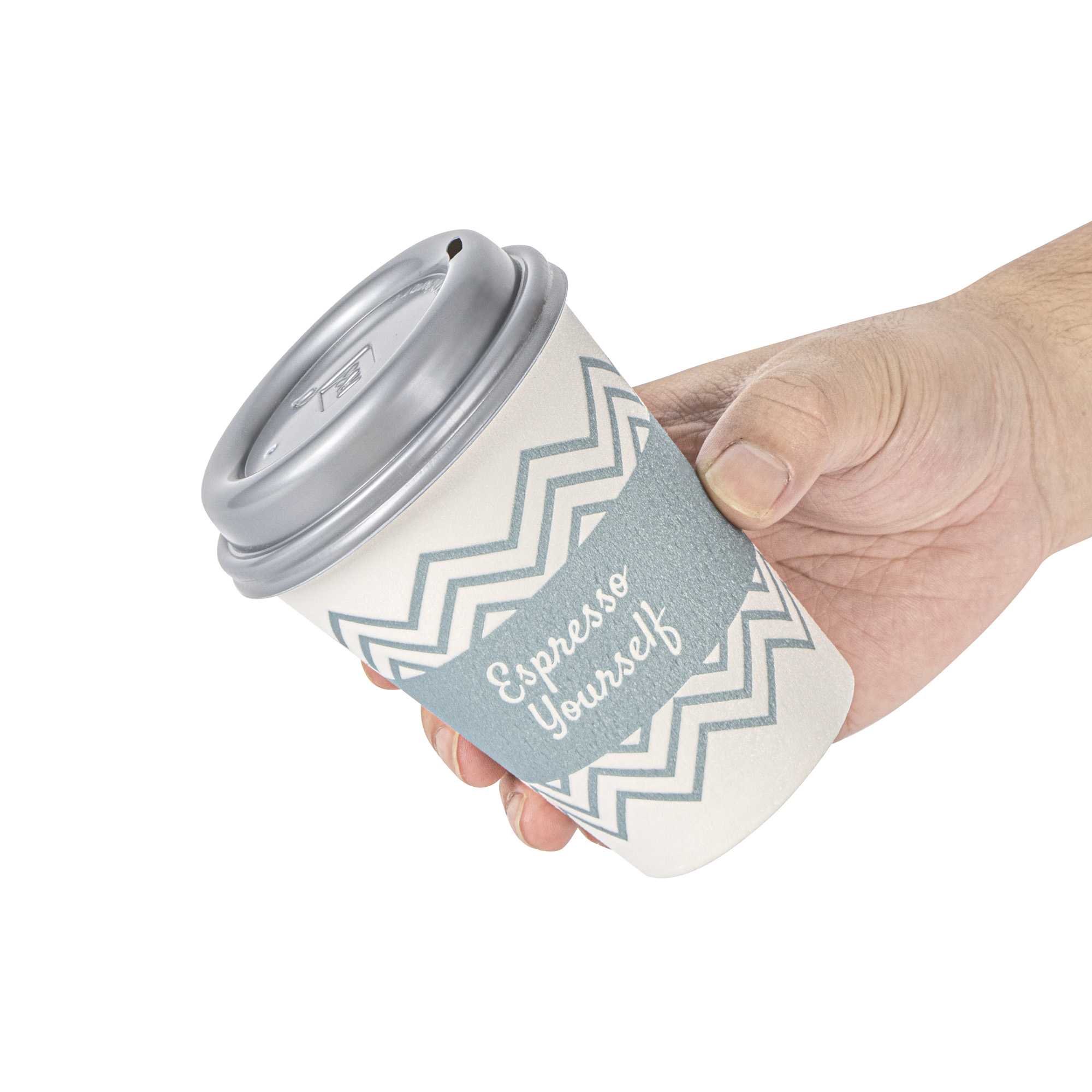 Restpresso 12 oz Blue Paper Insulated Hot Cup - Espresso Yourself, with Gray Lid - 100 count box