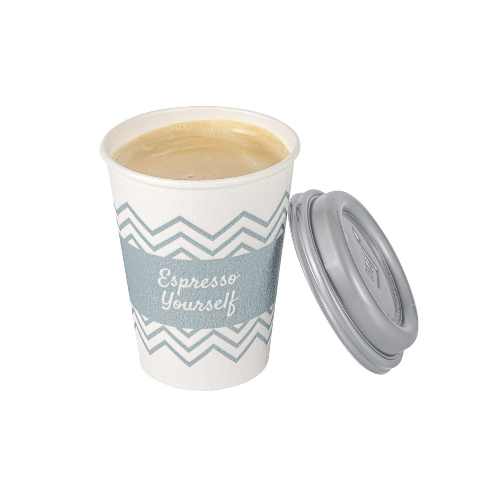 Restpresso 12 oz Blue Paper Insulated Hot Cup - Espresso Yourself, with Gray Lid - 100 count box