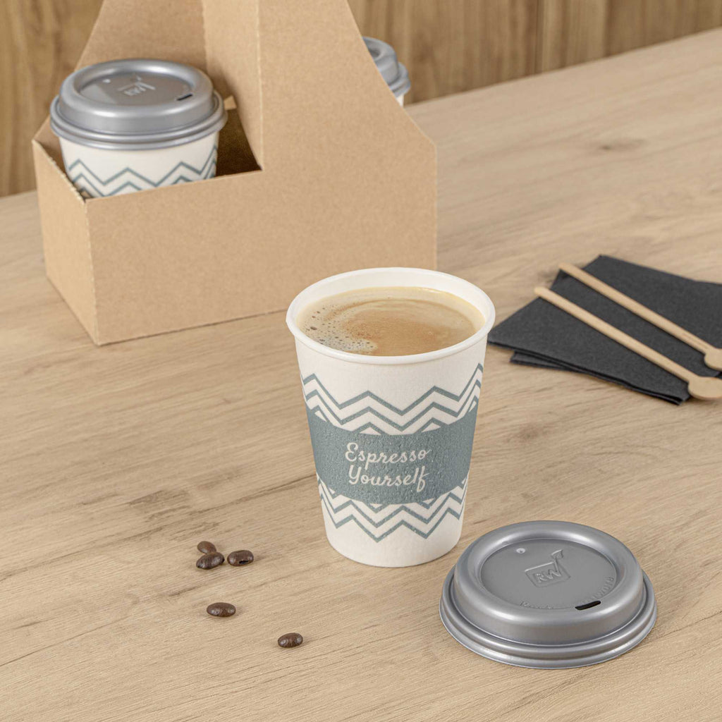 Restpresso 12 oz Blue Paper Insulated Hot Cup - Espresso Yourself, with Gray Lid - 100 count box