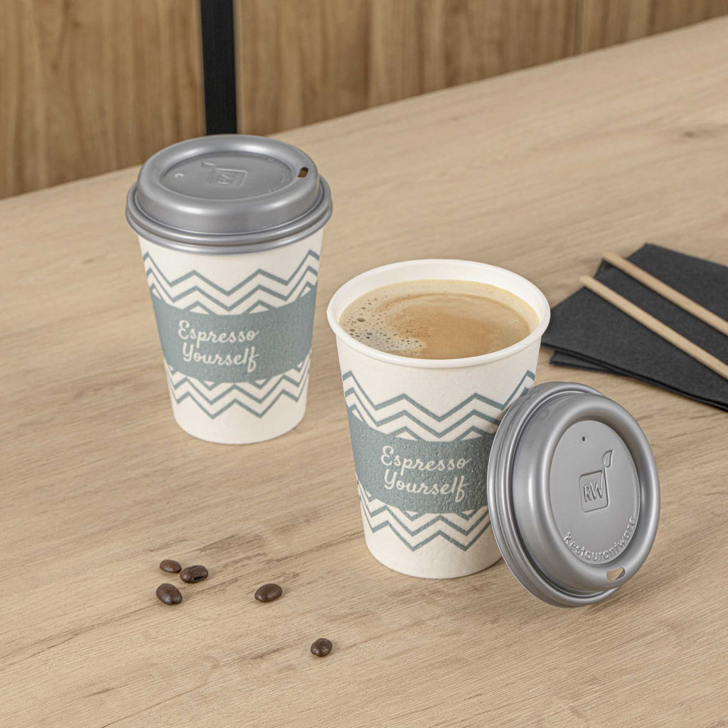 Restpresso 12 oz Blue Paper Insulated Hot Cup - Espresso Yourself, with Gray Lid - 100 count box
