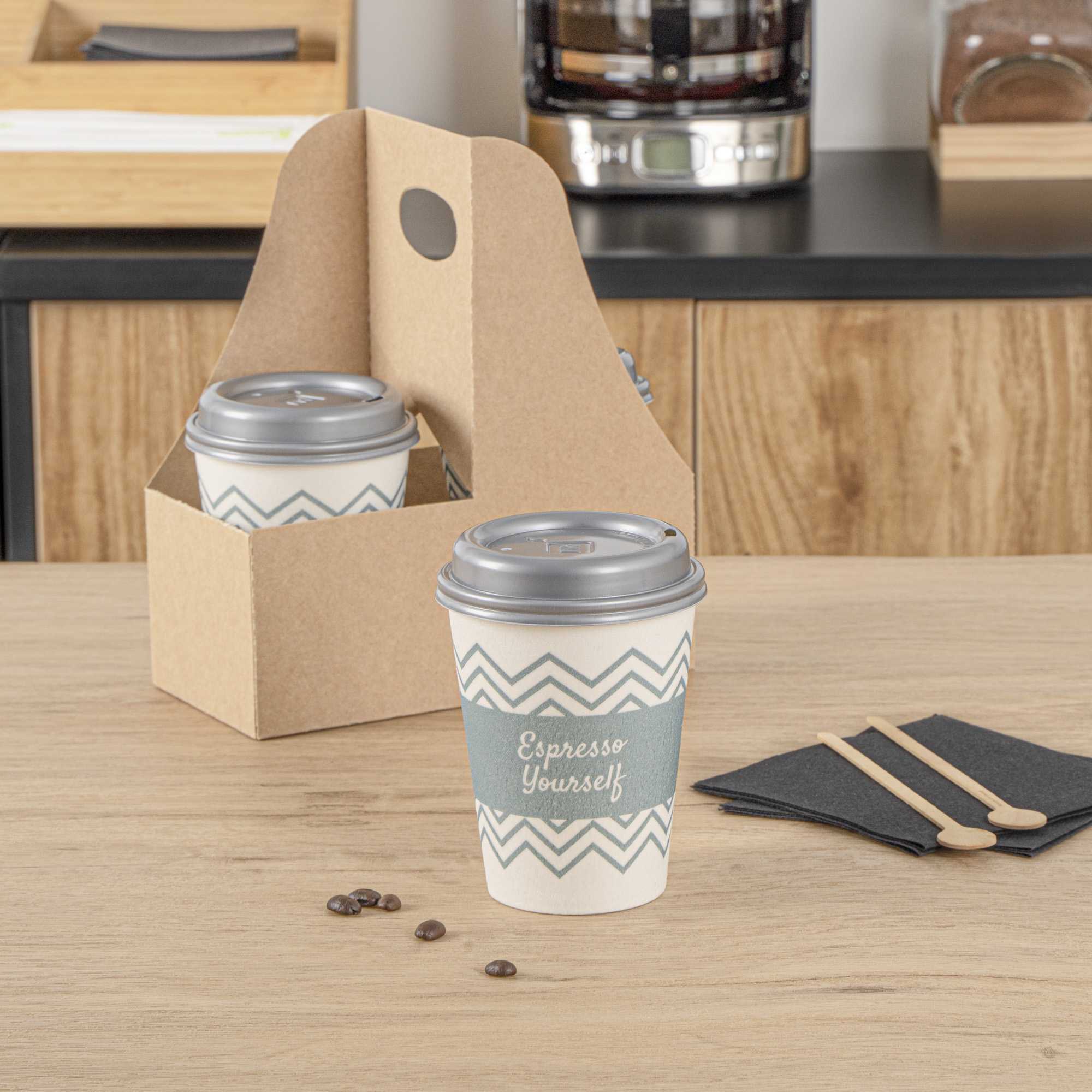 Restpresso 12 oz Blue Paper Insulated Hot Cup - Espresso Yourself, with Gray Lid - 400 count box